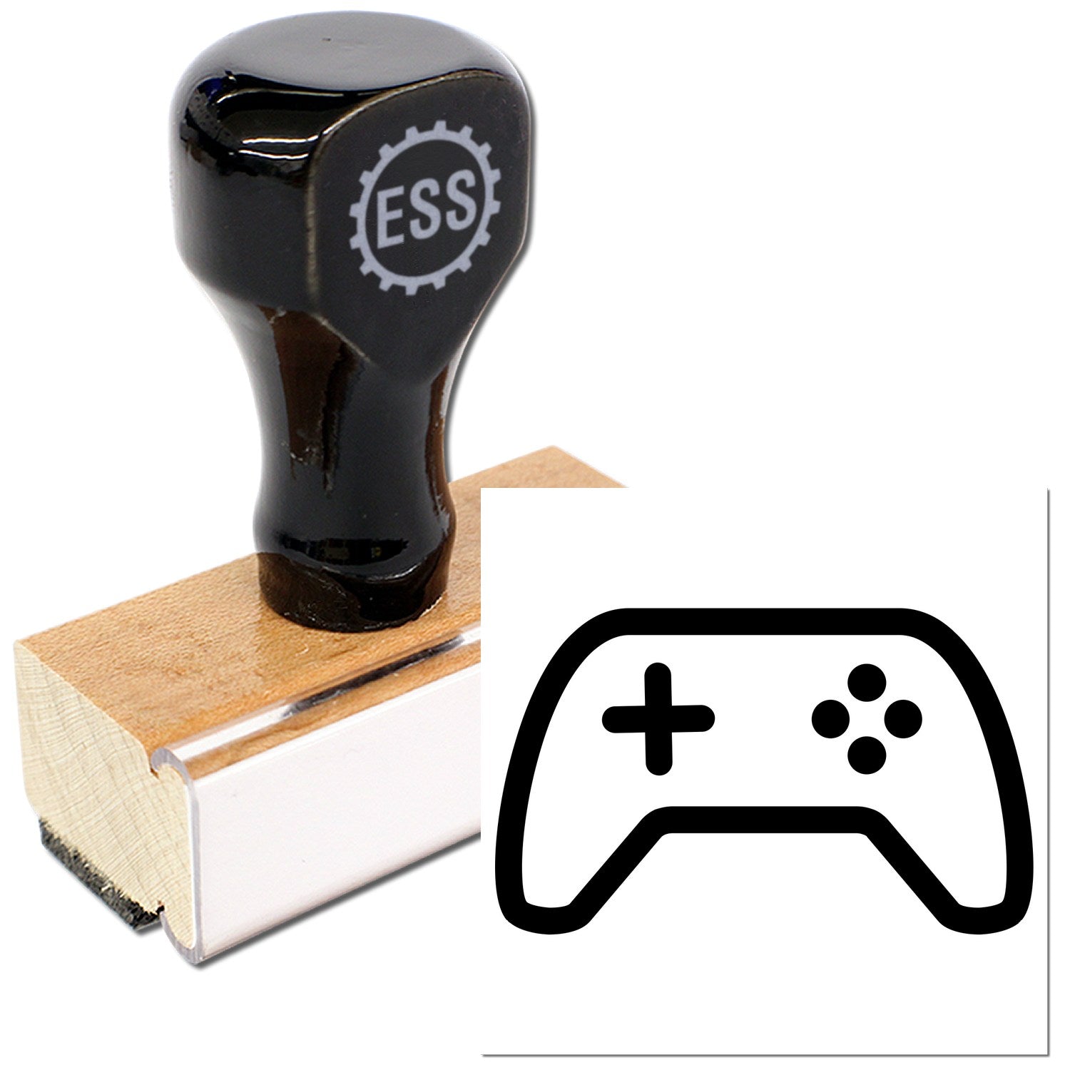 Wood Handle Game On! Reward Rubber Stamp with black handle and wooden base, featuring a game controller icon. Perfect for rewarding achievements.