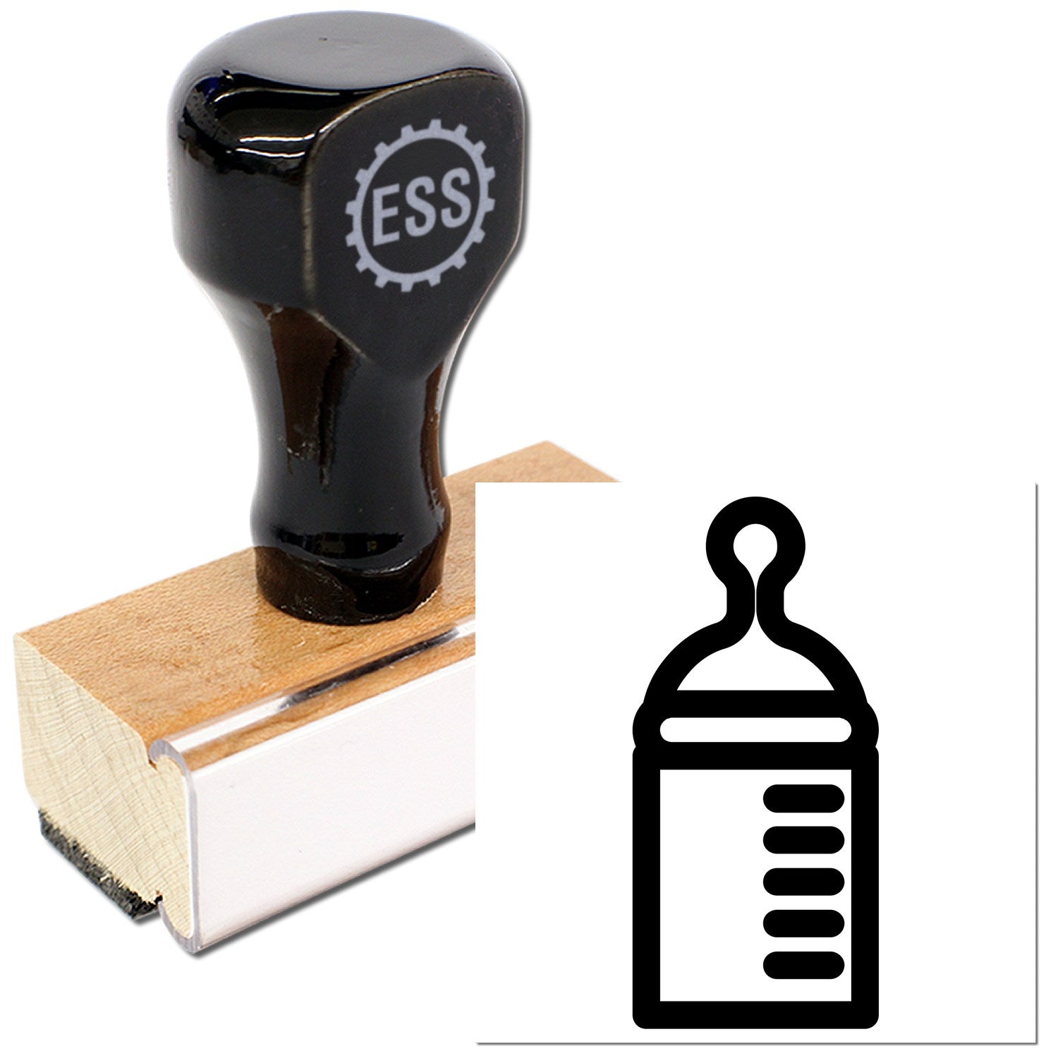 Wood Handle Bundle of Joy Frequent Buyer Rubber Stamp with black handle and wooden base, featuring a baby bottle icon. Perfect for crafting and personalizing projects.