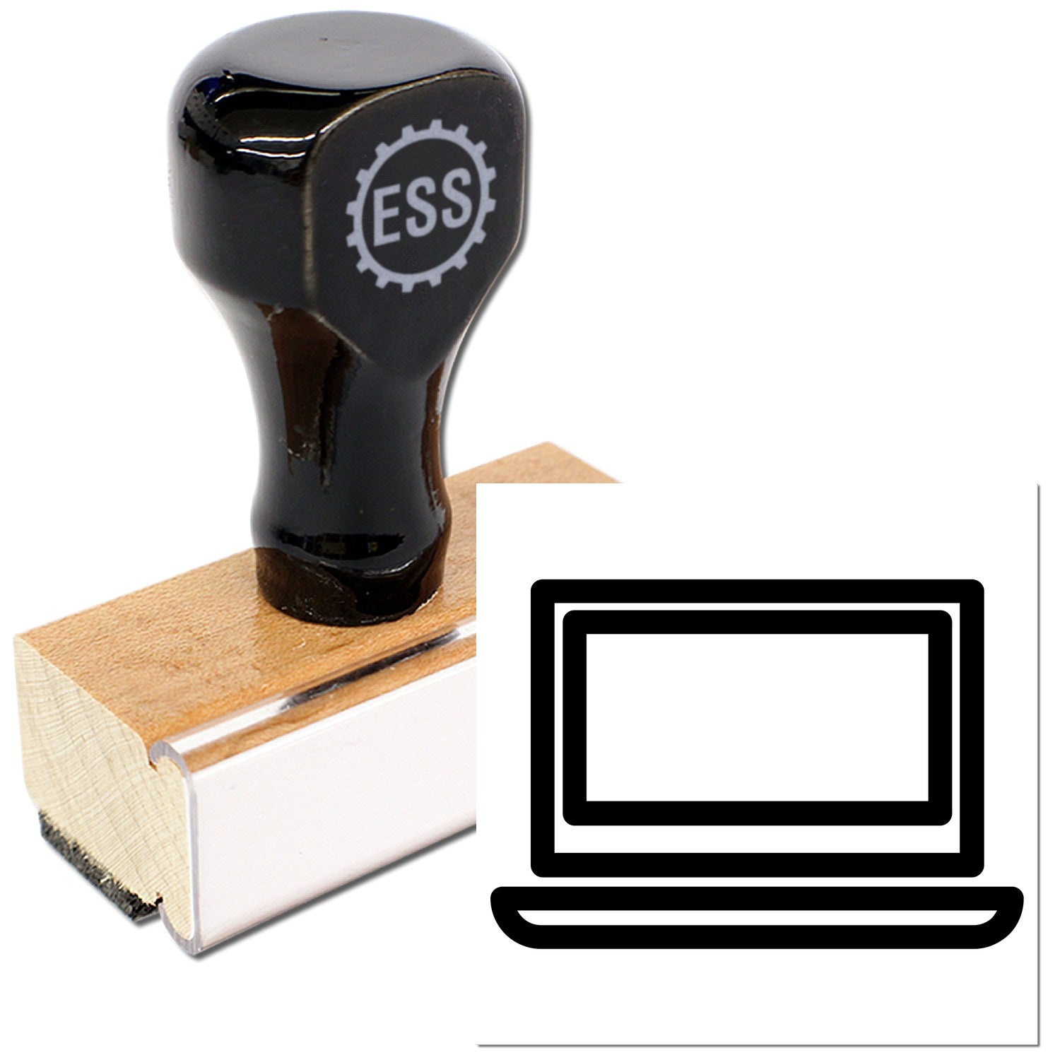 Wood Handle Techie Punch Card Rubber Stamp featuring a sleek black handle with ESS logo, mounted on a sturdy wooden base, next to a laptop icon imprint design.