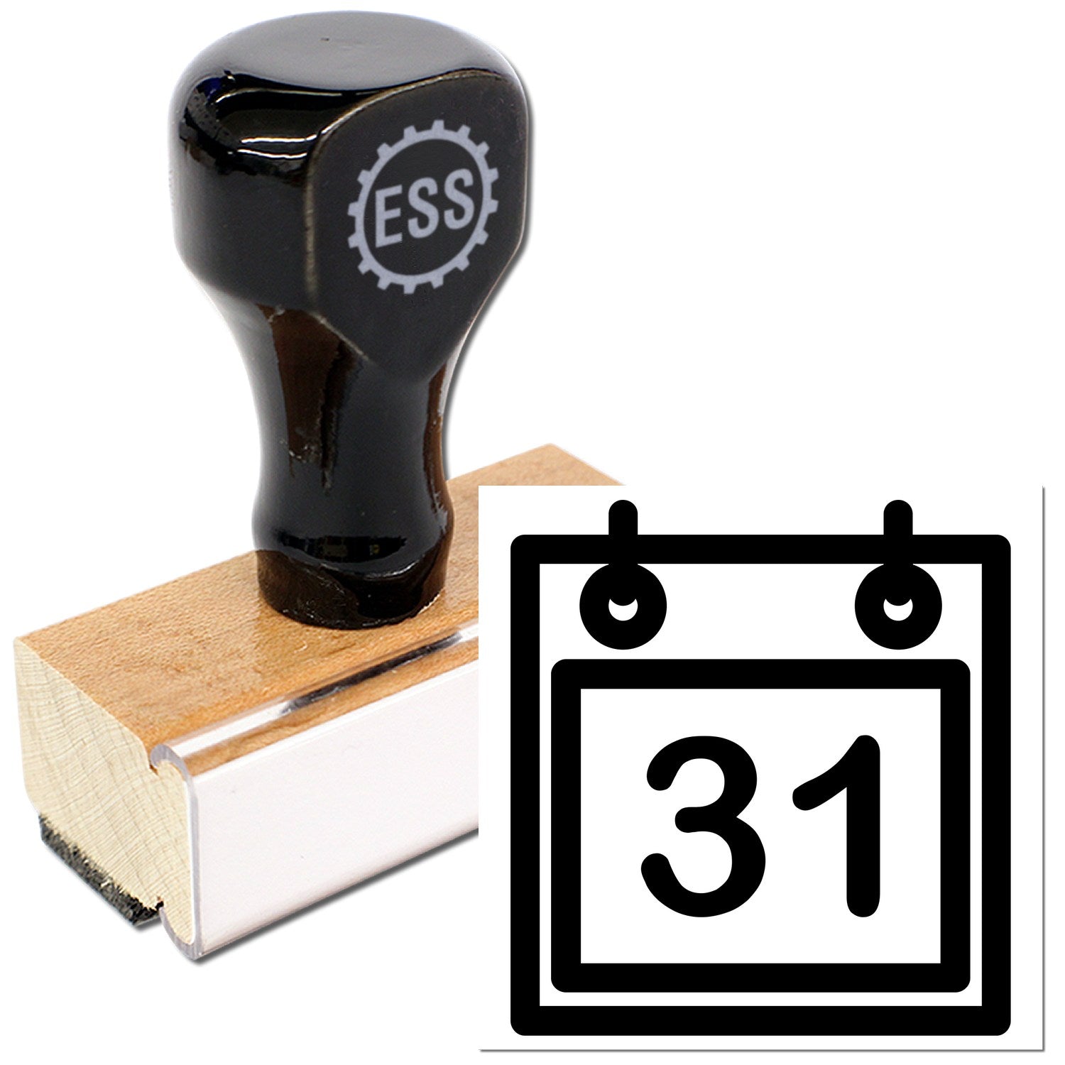 Wood Handle Monthly Loyalty Program Rubber Stamp with black top and wooden base, featuring a calendar icon with the number 31.