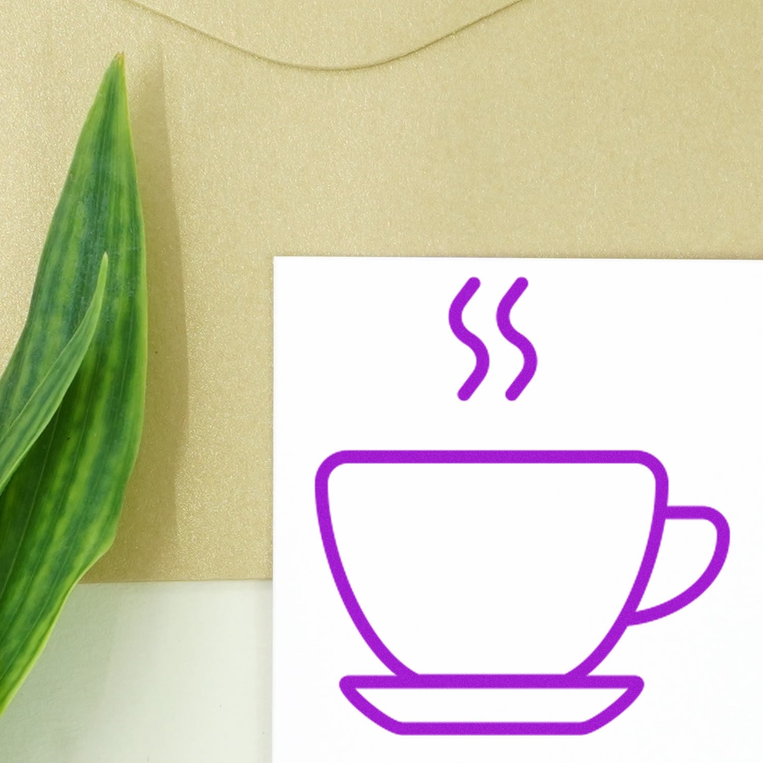 Wood Handle Steaming Coffee Cup Loyalty Rubber Stamp with a purple steaming coffee cup design, displayed on a beige background with a green leaf accent.