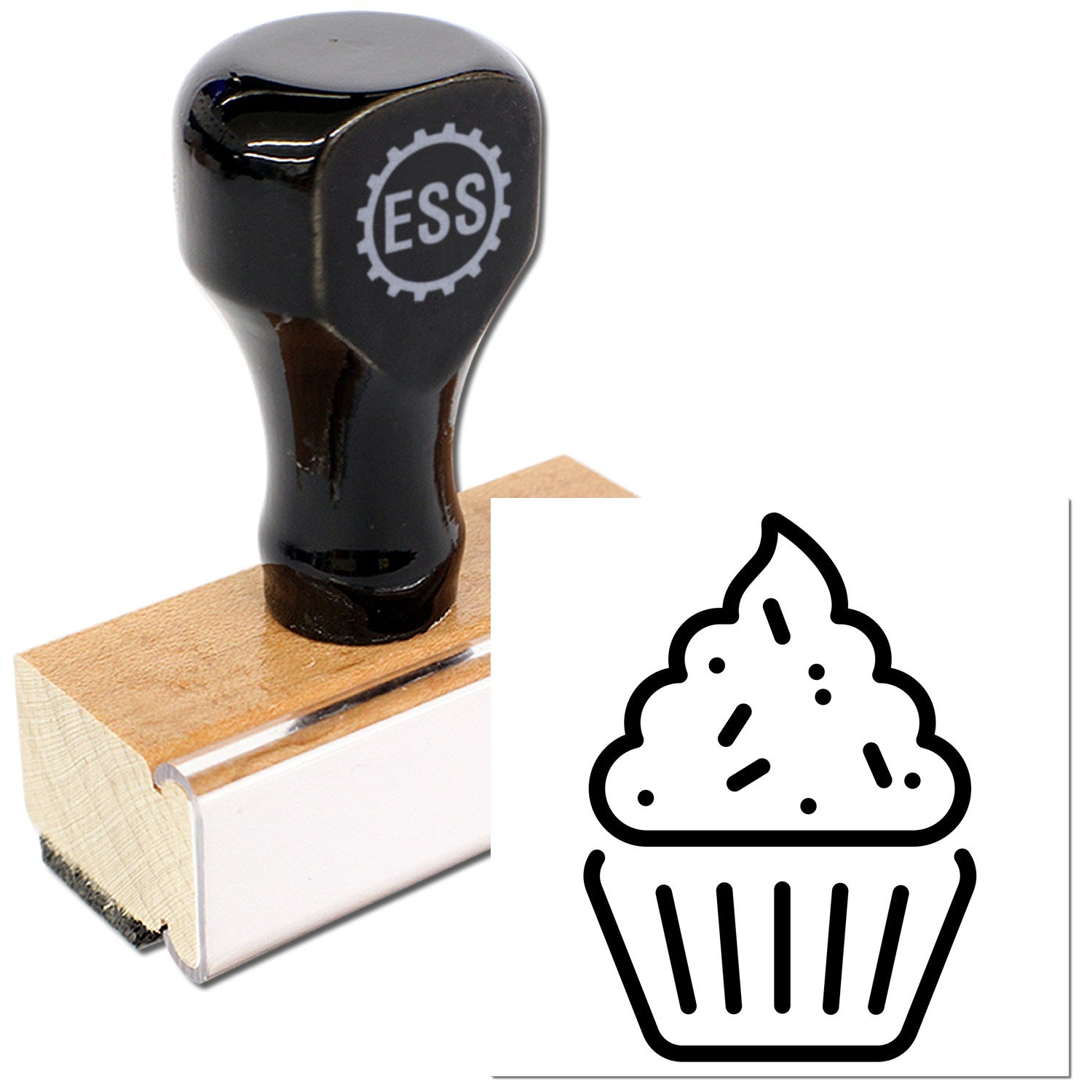 Wood Handle Happy Cupcakes Card Reward Rubber Stamp with a black handle and wooden base, featuring a cupcake design. Perfect for crafting and card-making.