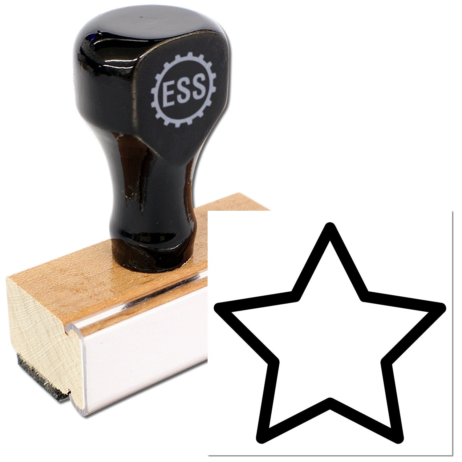 Wood Handle Star Loyalty Points Rubber Stamp with black top and wooden base, featuring a star design for marking loyalty points. Ideal for businesses and reward programs.