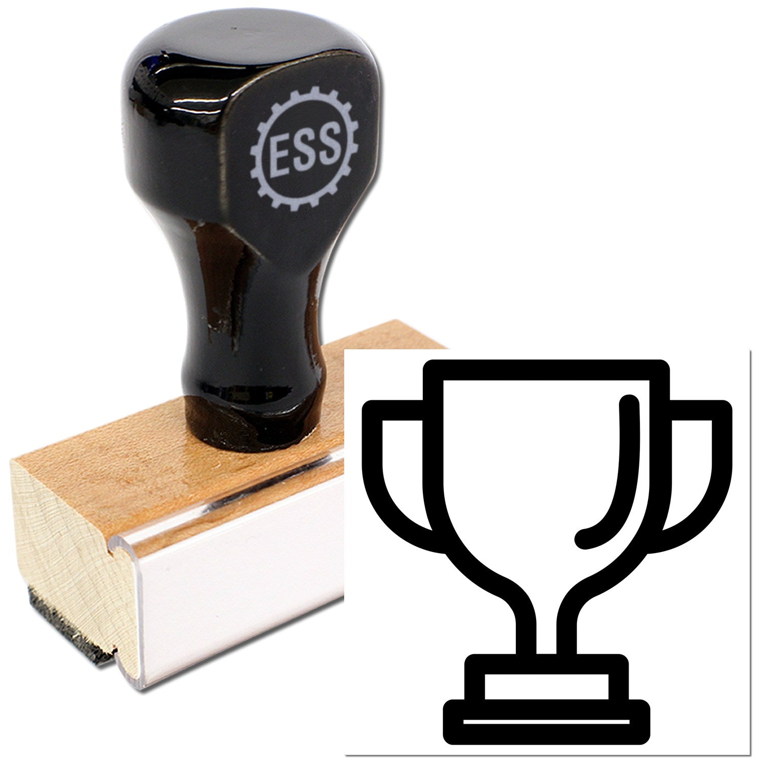 Wood Handle Winning Customer Reward Rubber Stamp with a sleek black top and engraved logo, featuring a wooden base and a trophy icon design. Perfect for recognizing achievements.