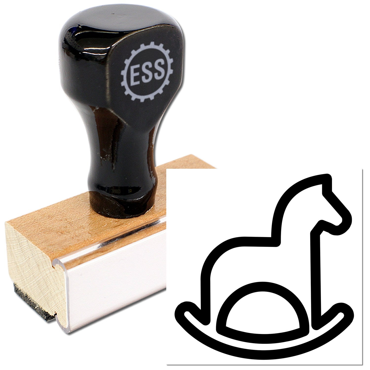 Wood Handle Rocking Horse Delight Loyalty Scheme Rubber Stamp with black handle and wooden base, featuring a rocking horse design. Perfect for crafting and loyalty programs.