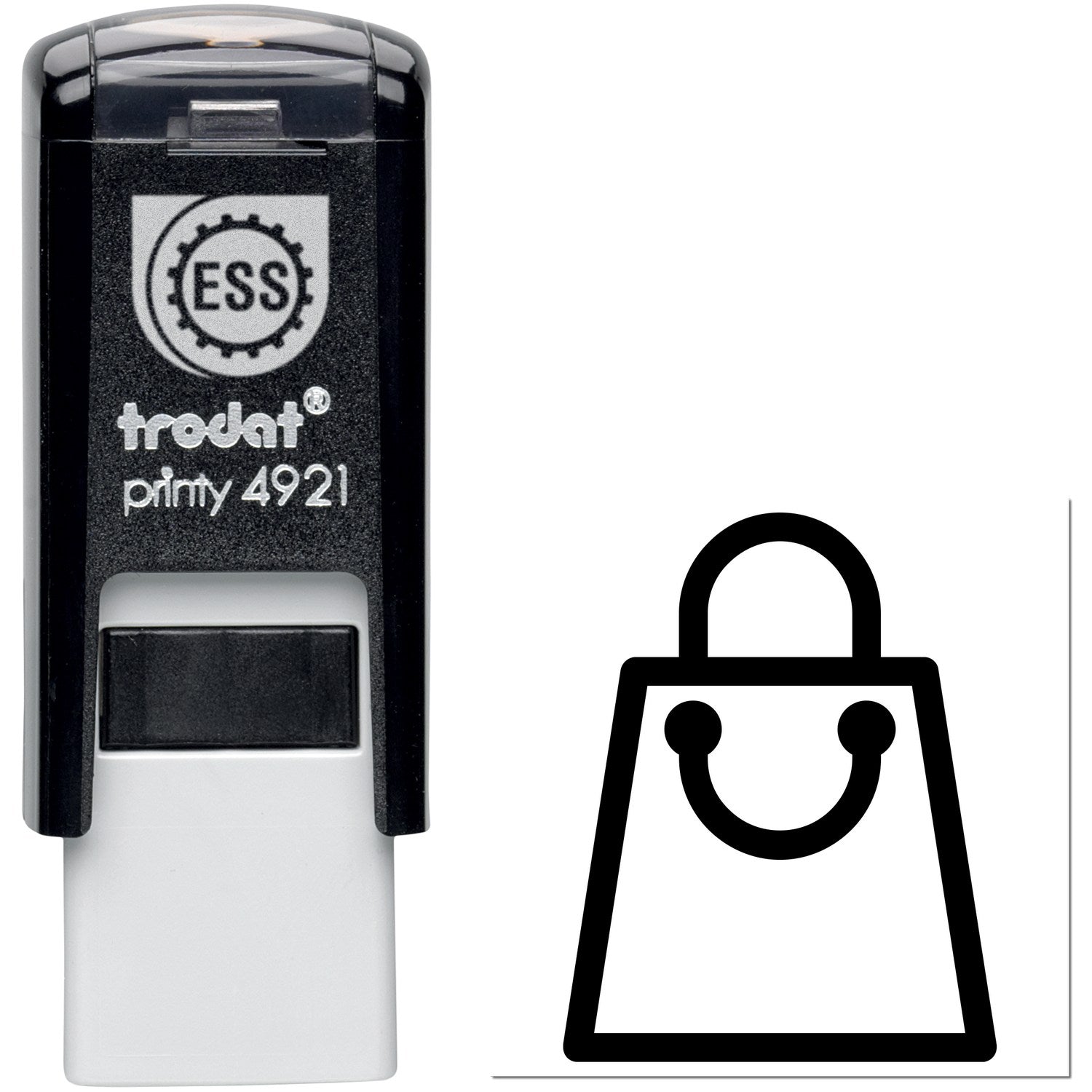 Self-Inking Shopper's Delight Membership Stamp, featuring a sleek black design with a smiling shopping bag icon, perfect for loyalty programs and retail use.