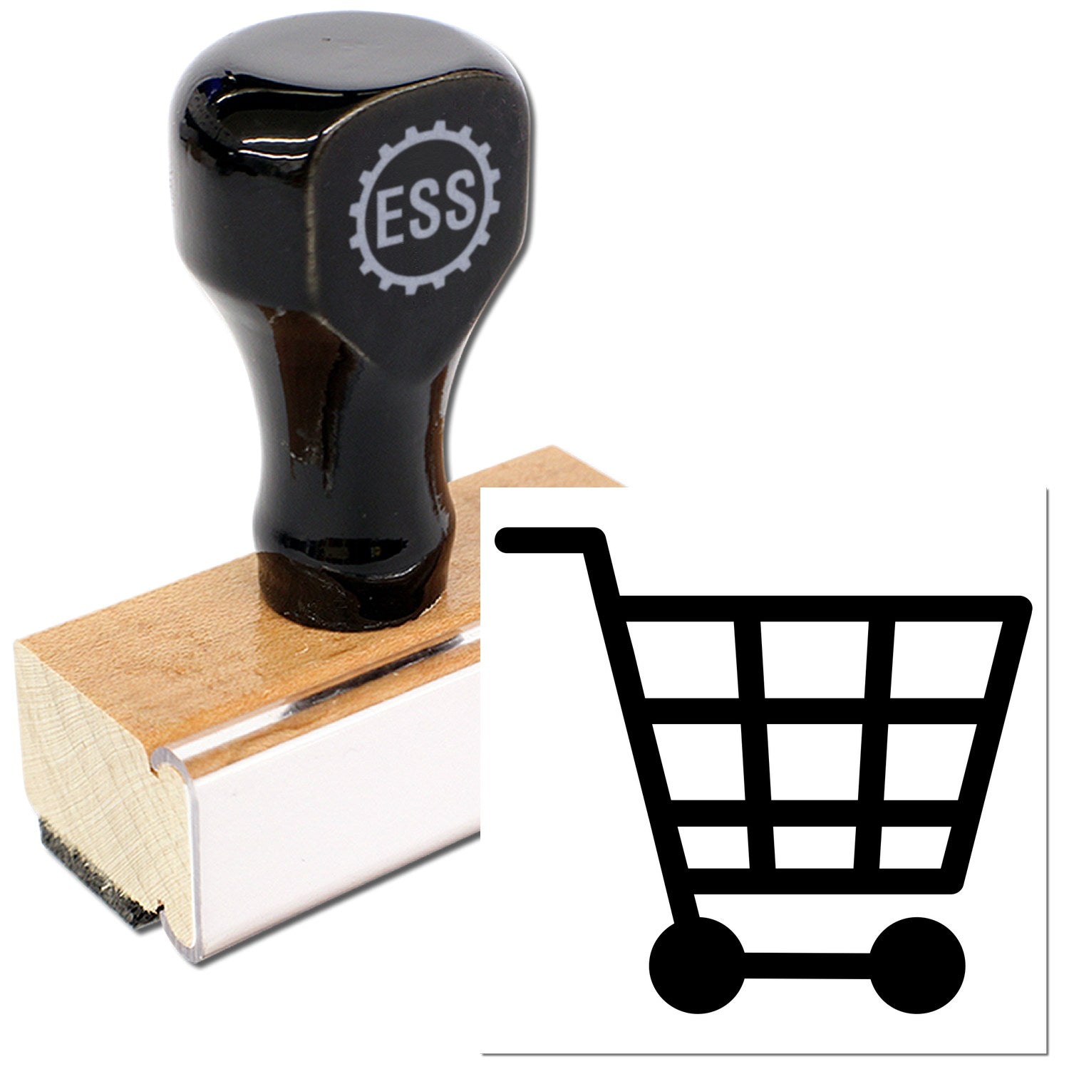 Wood Handle Shopper's Delight Discount Rubber Stamp with black top and wooden base, featuring a shopping cart icon. Perfect for retail and promotional use.