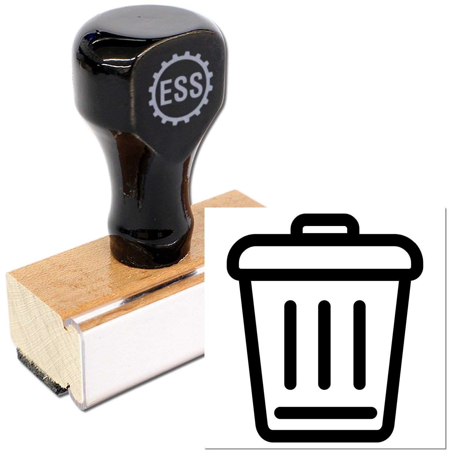 Wood Handle Clean World-Based Rewards Rubber Stamp with a sleek black top and wooden base, featuring a trash bin icon. Ideal for eco-friendly initiatives and recycling programs.