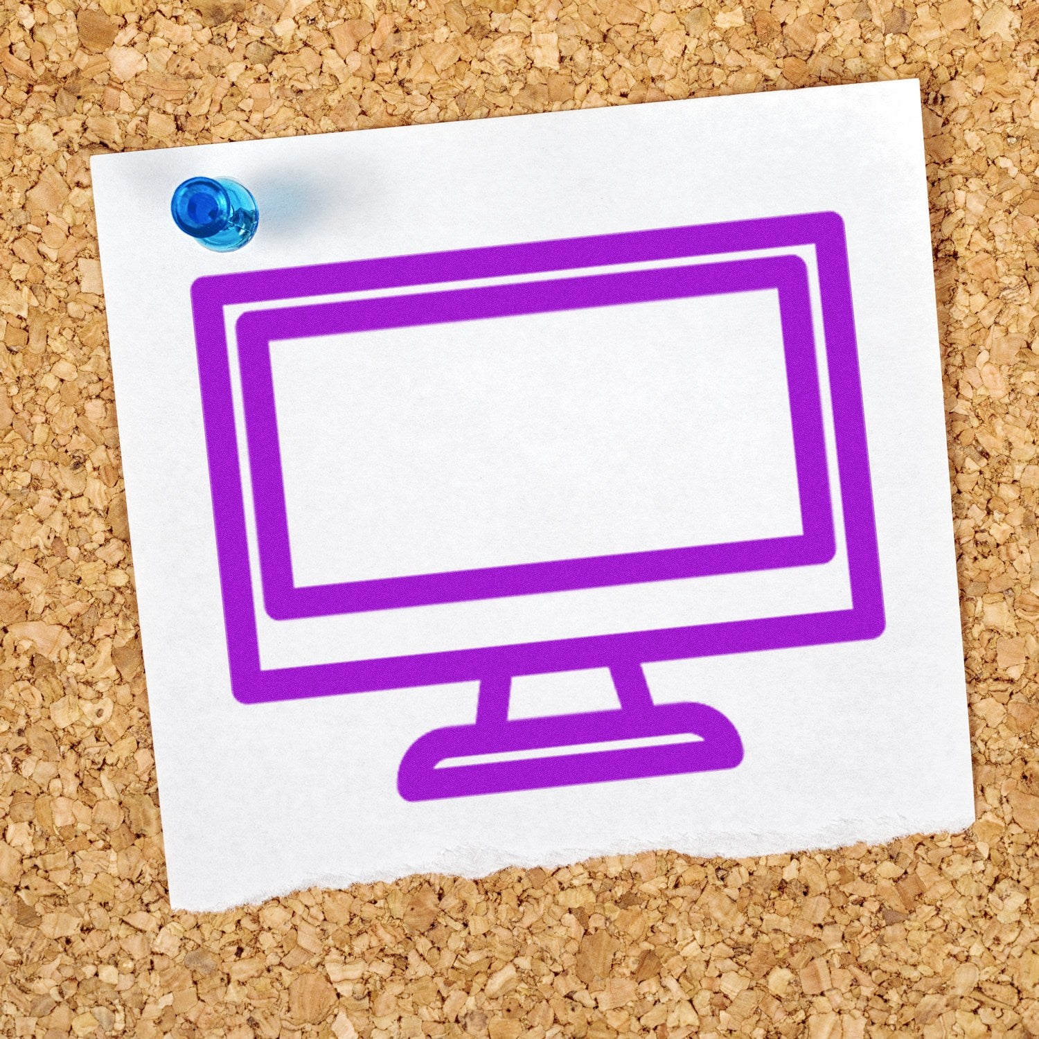 Self-Inking Retro TV Rewards Stamp with a purple TV design on a white paper, pinned to a corkboard. Perfect for teachers and parents to reward kids creatively.