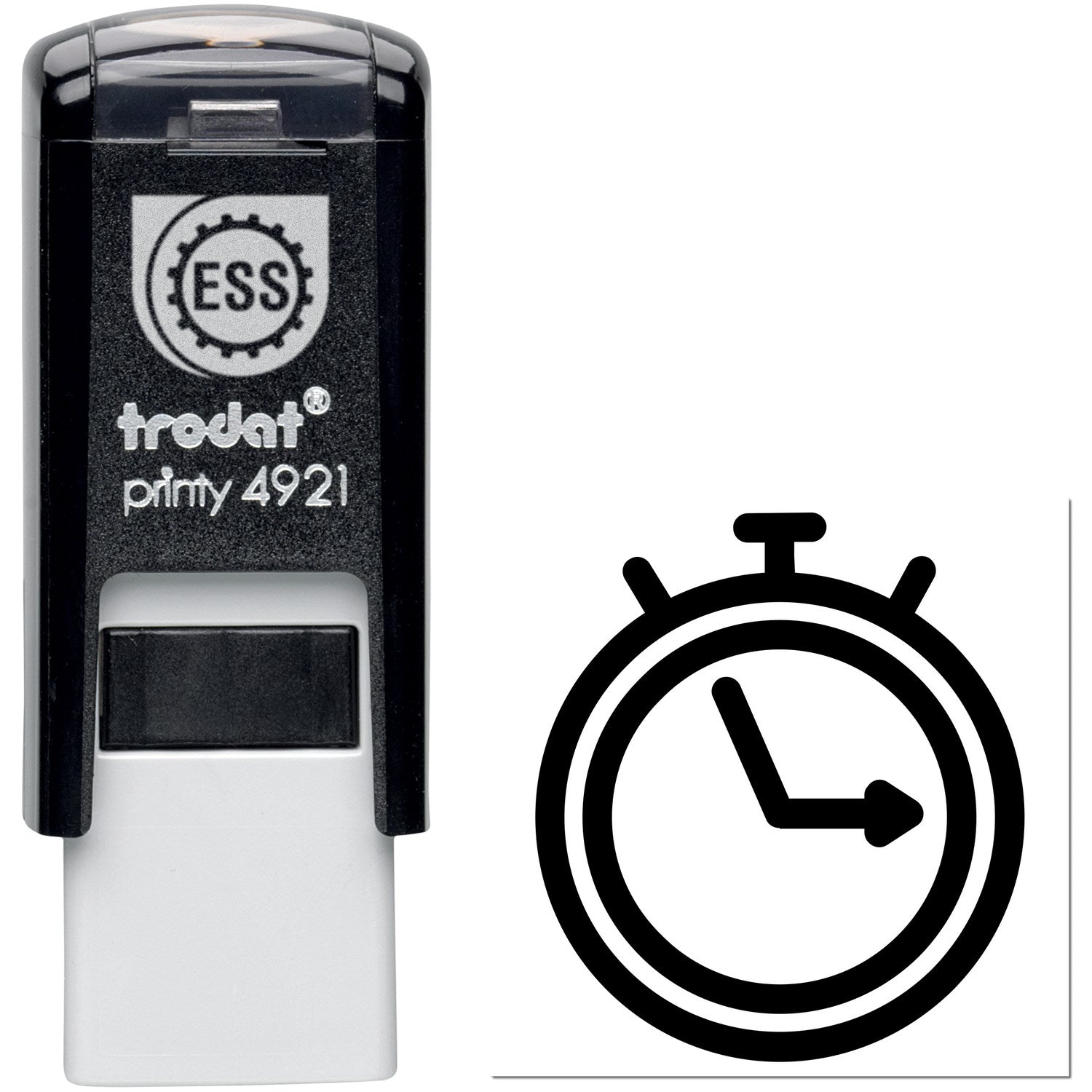 Self-Inking Speedy Rewards Program Stamp, black with a clear top, featuring a clock icon. Ideal for quick, efficient stamping. Compact design for easy handling and storage.