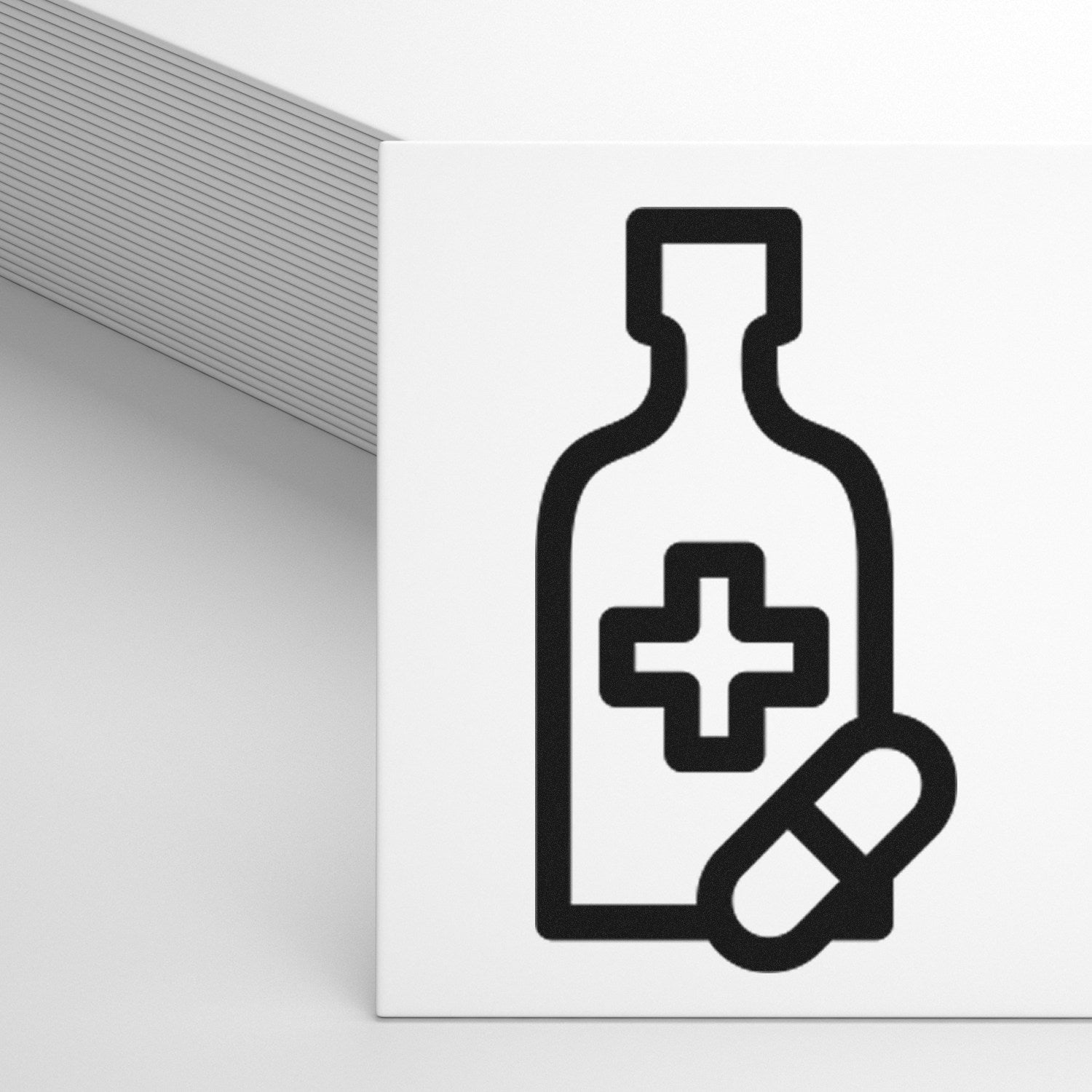 Self-Inking Happy Health Visit Stamp featuring a medical bottle and pill icon, ideal for healthcare professionals. Compact design with black ink for easy, repeated use.