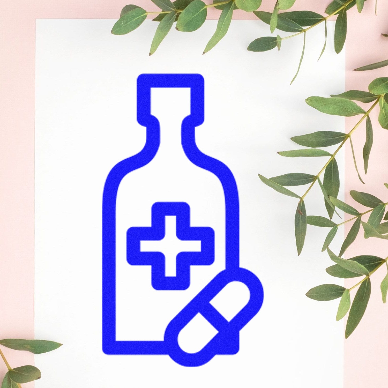 Self-Inking Happy Health Visit Stamp featuring a blue medical bottle and pill icon on a white background, surrounded by green leaves. Perfect for healthcare professionals and clinics.