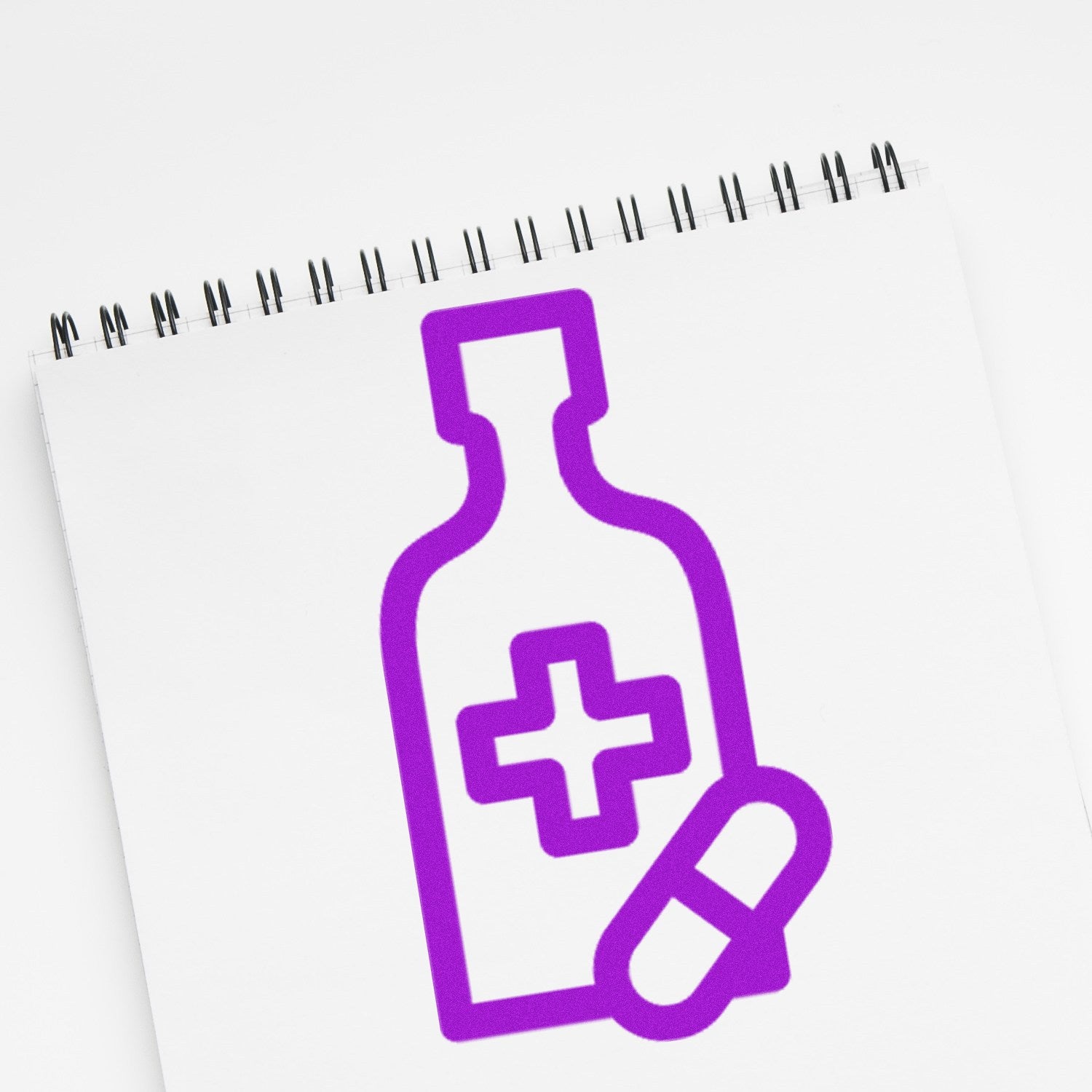 Self-Inking Happy Health Visit Stamp featuring a purple medical bottle and pill design on a white notepad, ideal for healthcare professionals and clinics.