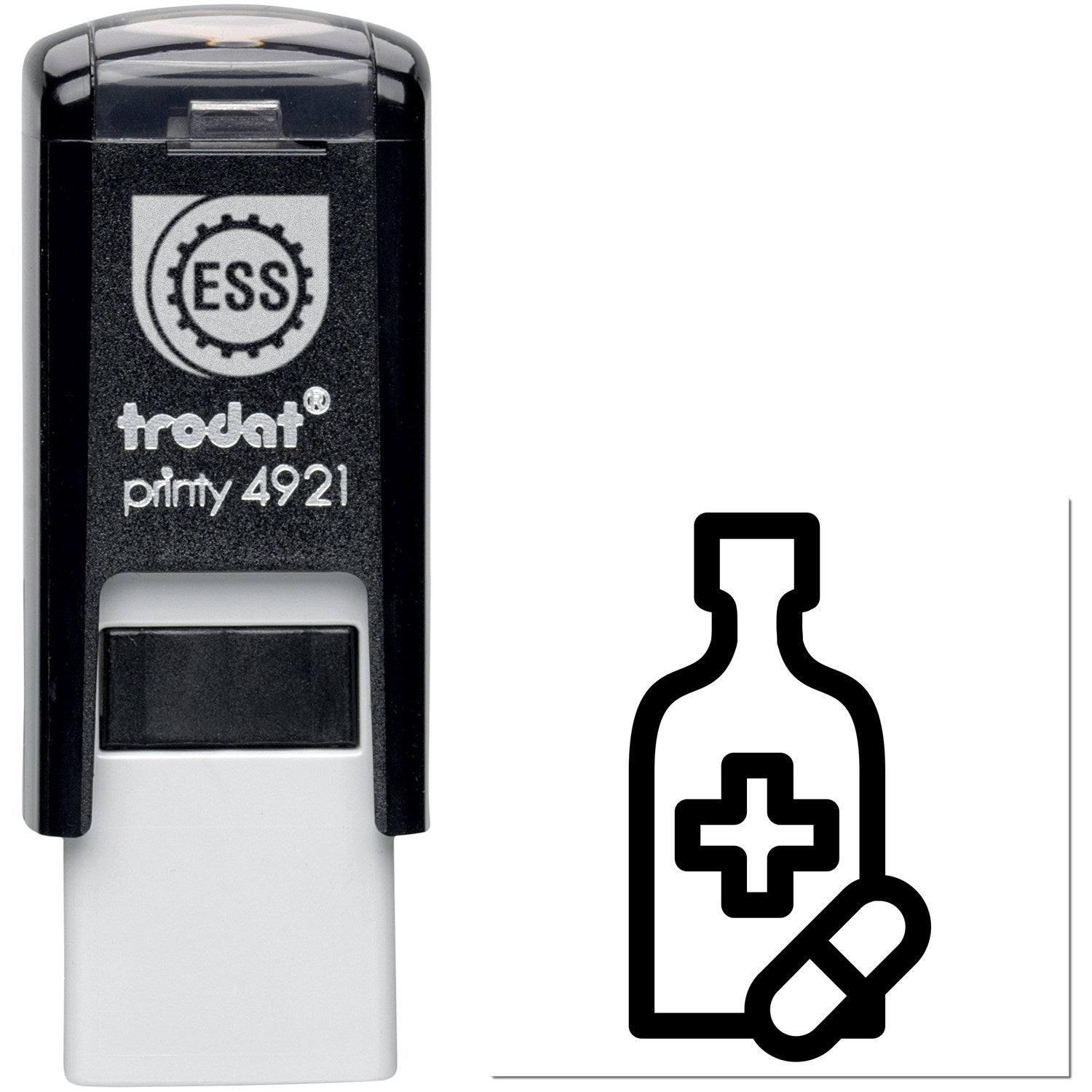 Self-Inking Happy Health Visit Stamp featuring a black casing with a medical icon design, ideal for healthcare professionals. Durable and efficient for frequent use.