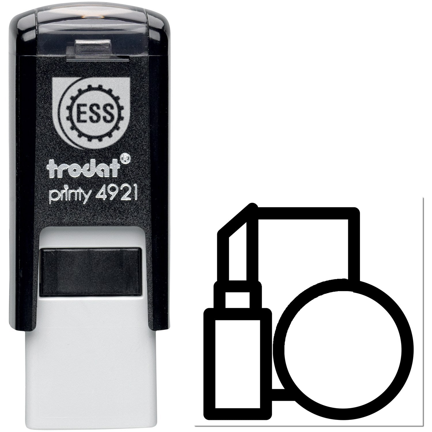 Self-Inking Beauty Bonus Stamp with black casing and ESS logo, featuring a lipstick and compact powder icon. Ideal for beauty professionals seeking efficient stamping solutions.