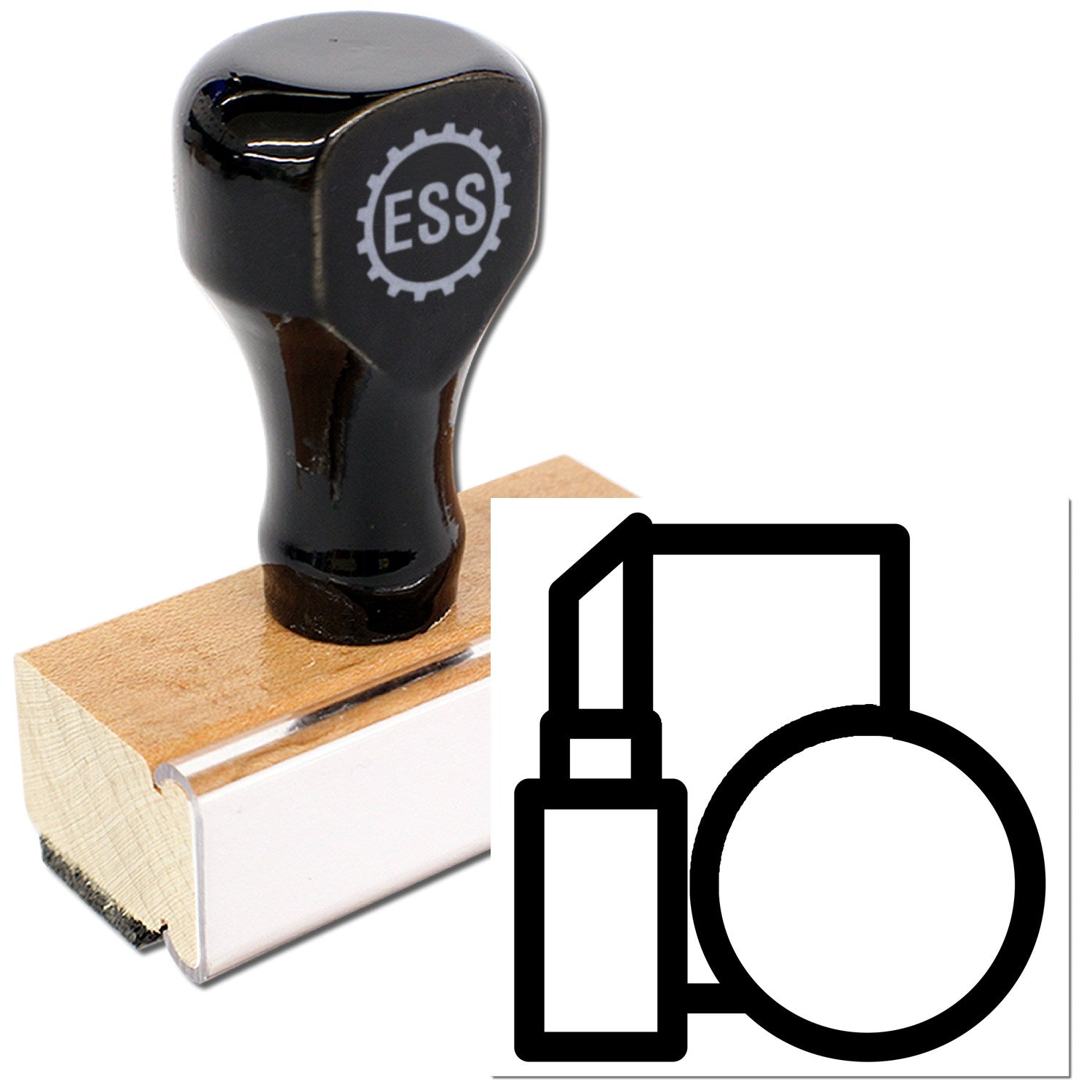 Wood Handle Beauty Bonus Rubber Stamp with a sleek black top and engraved ESS logo, mounted on a sturdy wooden base. Ideal for crafting and office use.