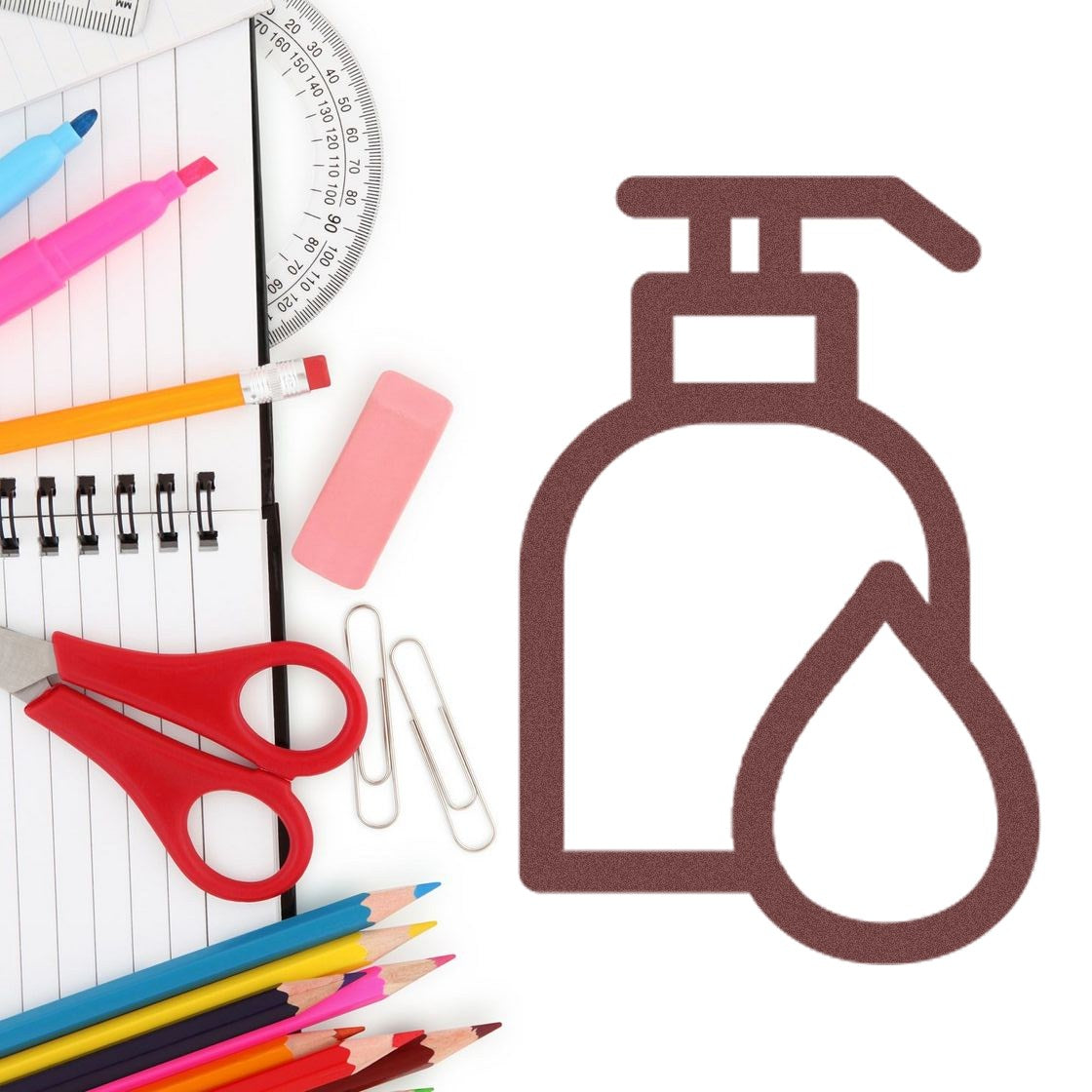 Self-Inking Pampered Loyalty Incentive Stamp with a brown soap dispenser design, surrounded by colorful stationery on a white background.