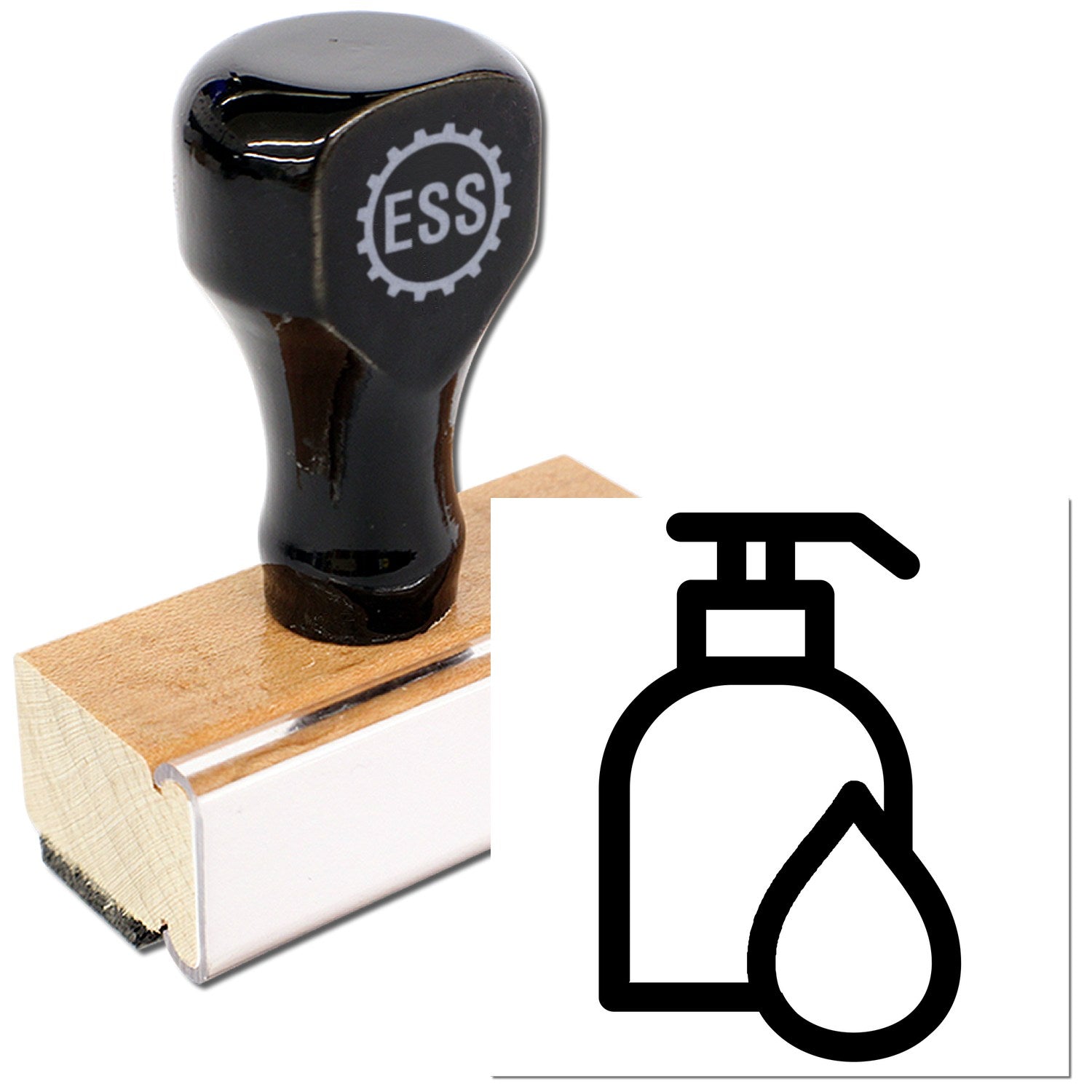 Wood Handle Pampered Loyalty Incentive Rubber Stamp with a sleek black top and engraved logo, mounted on a sturdy wooden base. Ideal for branding and promotional use.