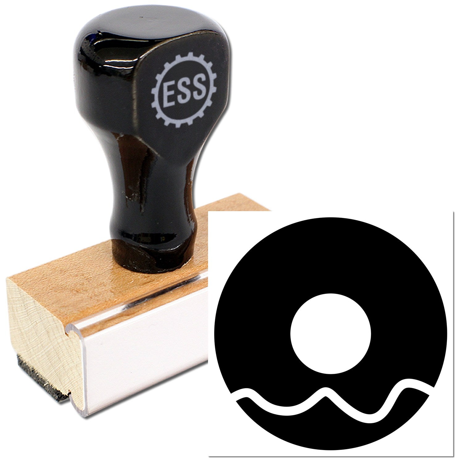 Wood Handle Donut Delight Customer Loyalty Rubber Stamp with black handle and wooden base, featuring a donut design. Perfect for rewarding loyal customers.