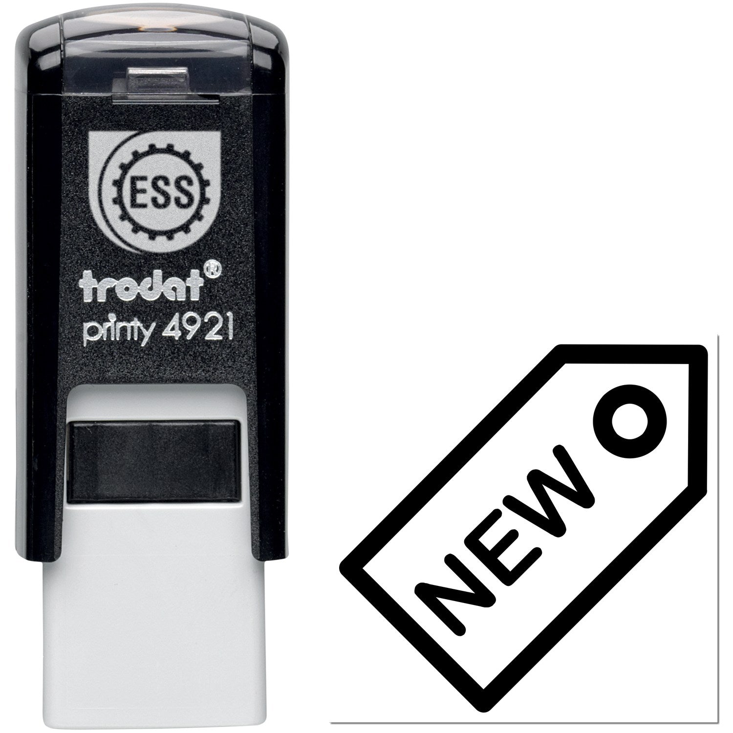 Self-Inking New Reward Stamp featuring a sleek black design with a clear top, showcasing the ESS logo and Trodat Printy 4921 branding. Perfect for efficient stamping needs.