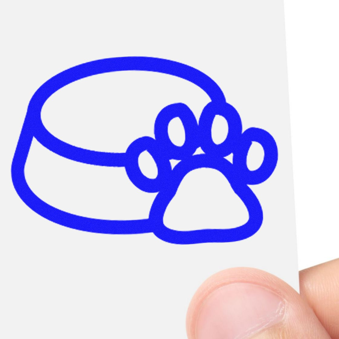 Self-Inking Doggy Loyalty Card Stamp with blue paw print and bowl design, held by a hand, perfect for pet-themed loyalty programs.