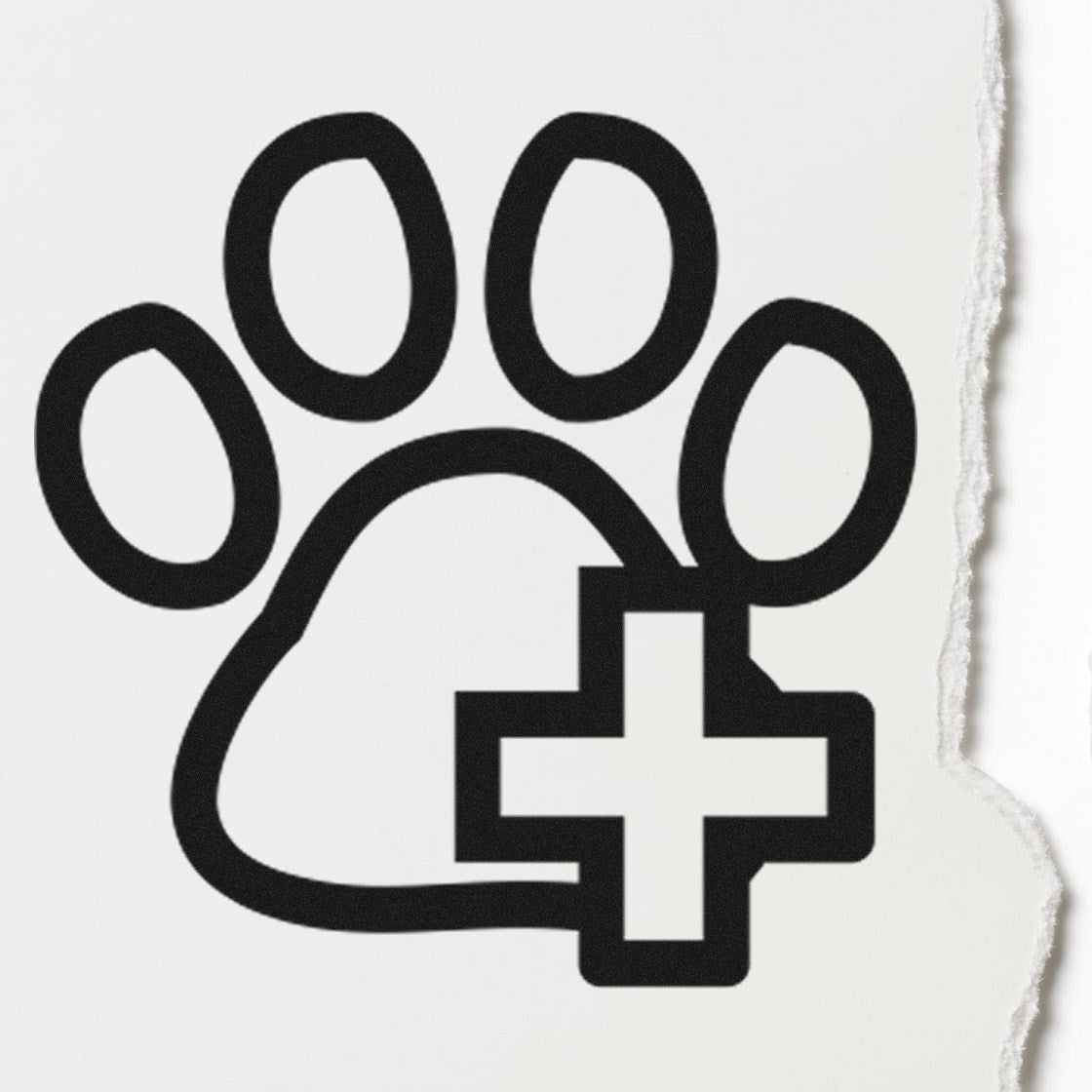 Wood Handle Healthy Pet Frequent Buyer Rubber Stamp featuring a paw print with a medical cross, ideal for pet loyalty programs. Durable wood handle for easy stamping.