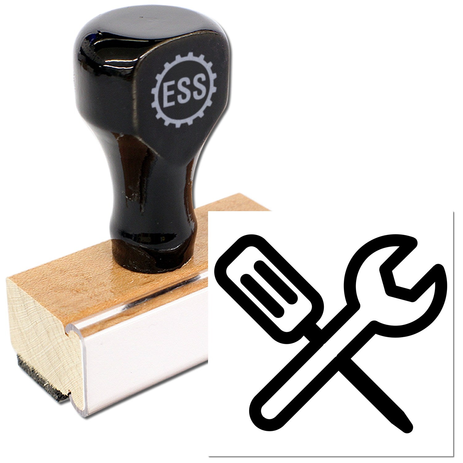 Wood Handle Gear Up! Punch Card Rubber Stamp with black ergonomic top and durable wooden base, featuring a gear logo. Ideal for crafting and office use.