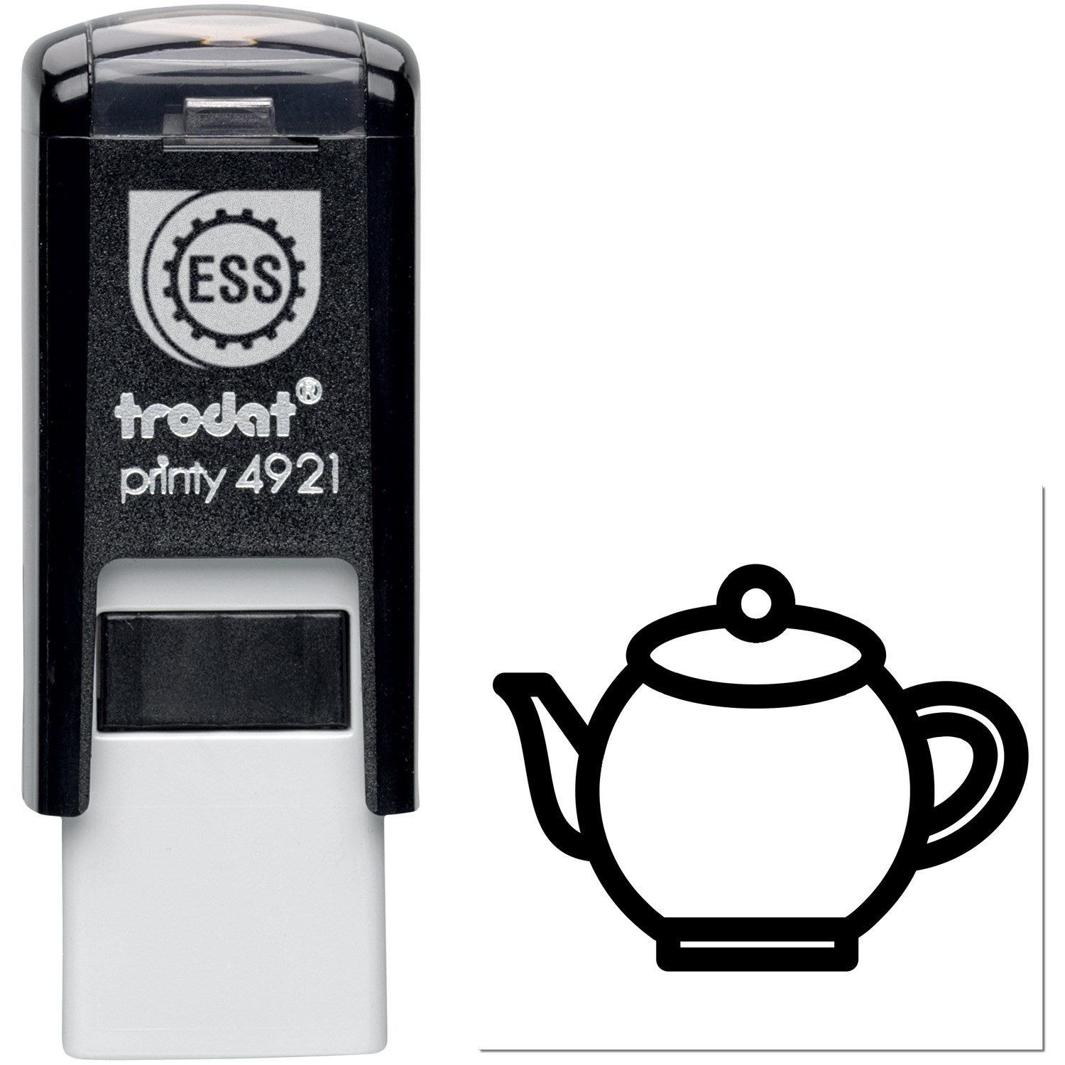 Self-Inking Steamy Rewards Loyalty Program Stamp featuring a black casing and a teapot design imprint. Perfect for cafes and tea shops to reward loyal customers.