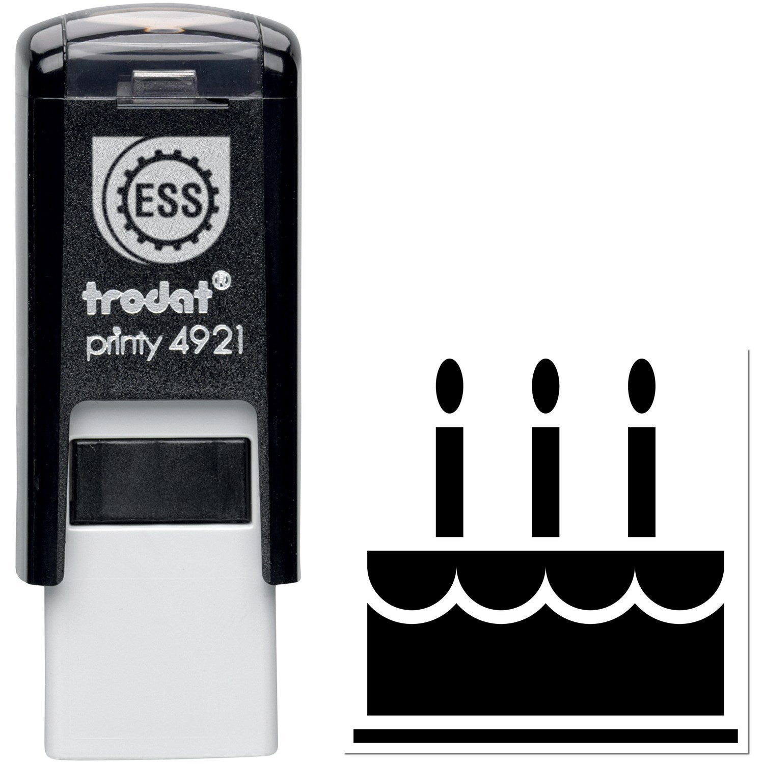 Self-Inking Cake Delight Incentive Stamp featuring a black casing with a cake and candles design, perfect for rewarding achievements. Compact and easy to use for teachers and parents.