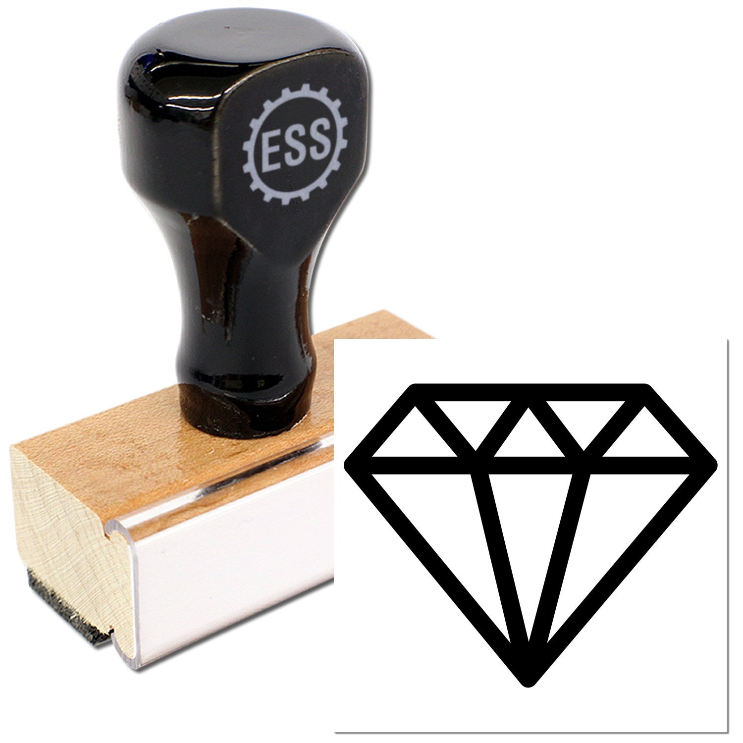 Wood Handle Diamond Delight Card Reward Rubber Stamp with a sleek black top and wooden base, featuring a diamond design imprint. Perfect for crafting and rewarding.