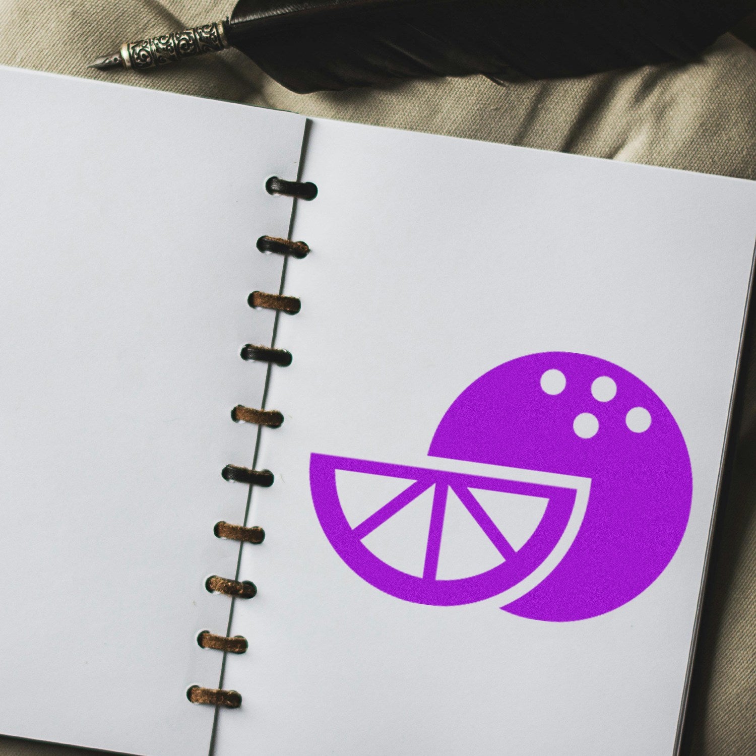 Self-Inking Fruity Fresh Customer Reward Stamp with a vibrant purple fruit design on a notebook page, perfect for adding a fun, fresh touch to customer loyalty programs.