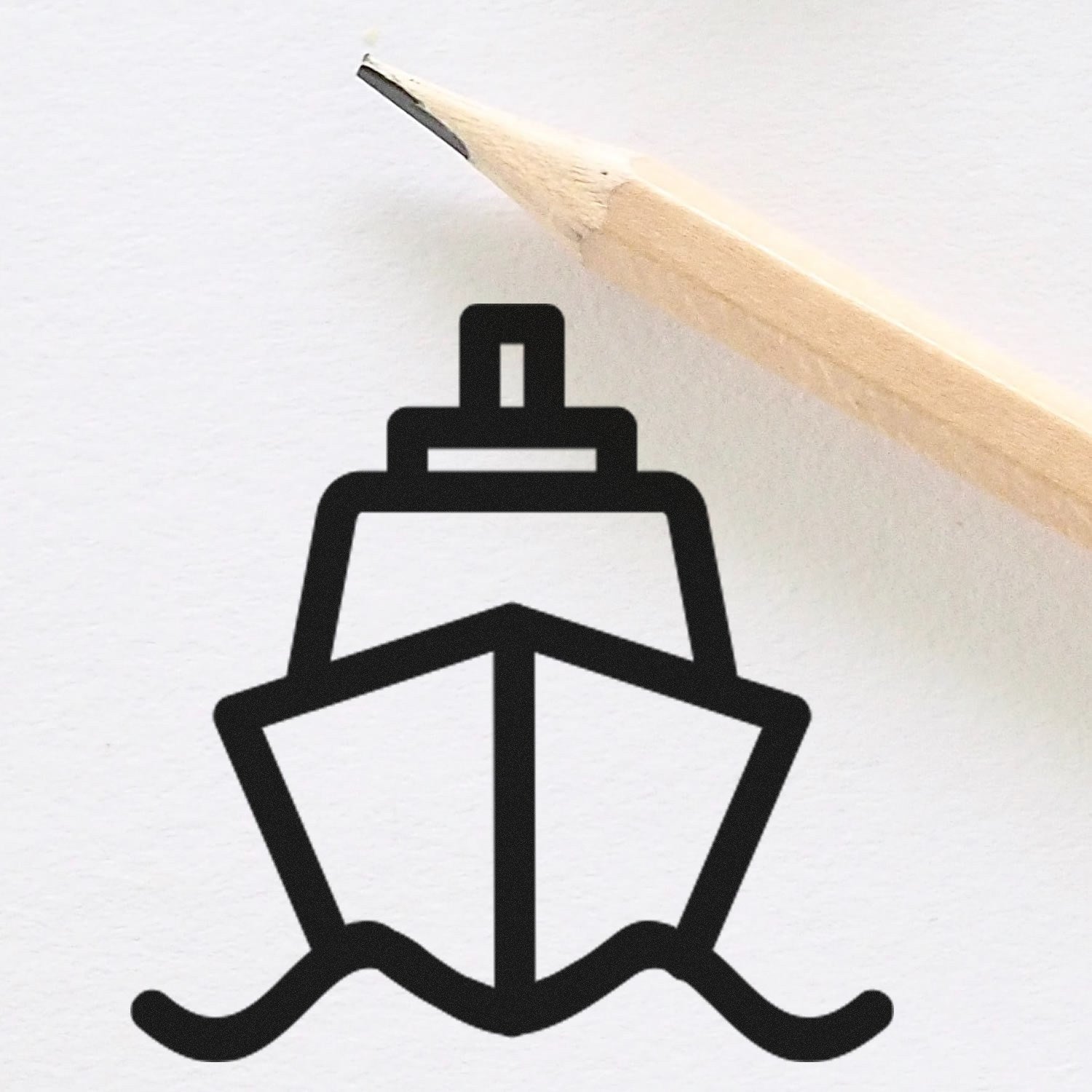 Self-Inking Ships Away Repeat Customer Stamp with a ship icon, shown next to a pencil for size comparison. Ideal for efficient, repeated use in shipping and customer service tasks.