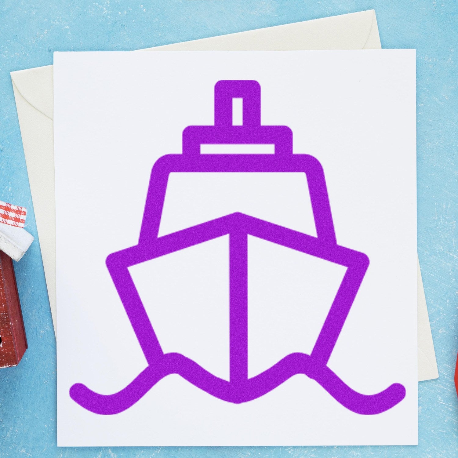 Wood Handle Ships Away Repeat Customer Rubber Stamp with a purple ship icon on a white background, perfect for business use.