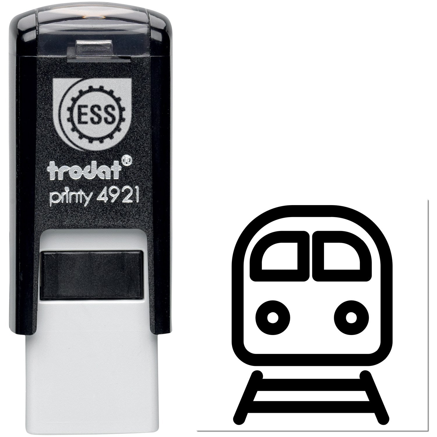 Self-Inking Happy Railways Loyalty Scheme Stamp featuring a black casing with a train icon imprint. Ideal for loyalty programs, this stamp ensures quick and clean marking.