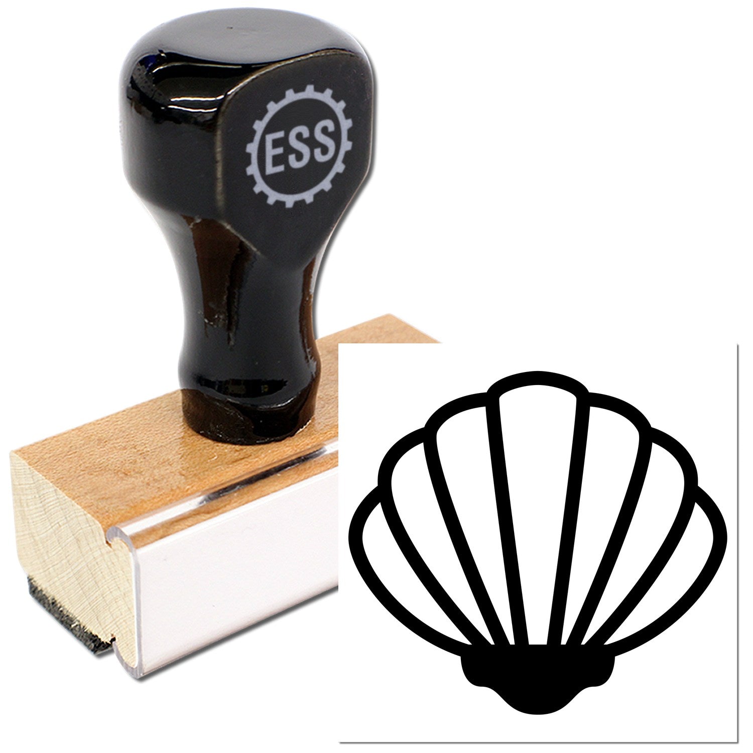 Wood Handle Beach Beauty Membership Rubber Stamp with a black handle and wooden base, featuring a seashell design. Perfect for crafting and personalizing beach-themed projects.