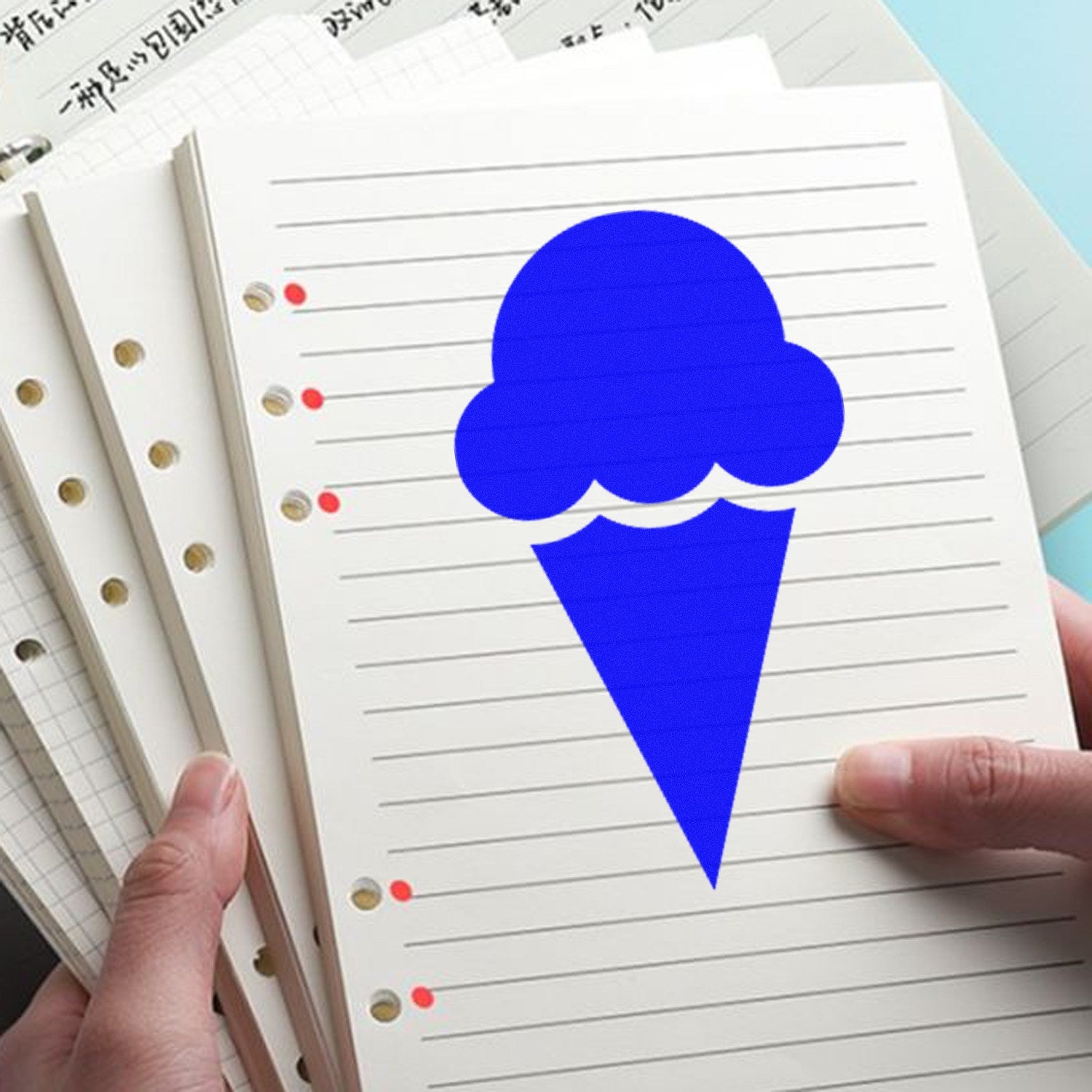 Wood Handle Ice Cream Delight Return Visit Rubber Stamp imprint on lined paper, featuring a bold blue ice cream cone design. Perfect for adding a playful touch to notes and crafts.