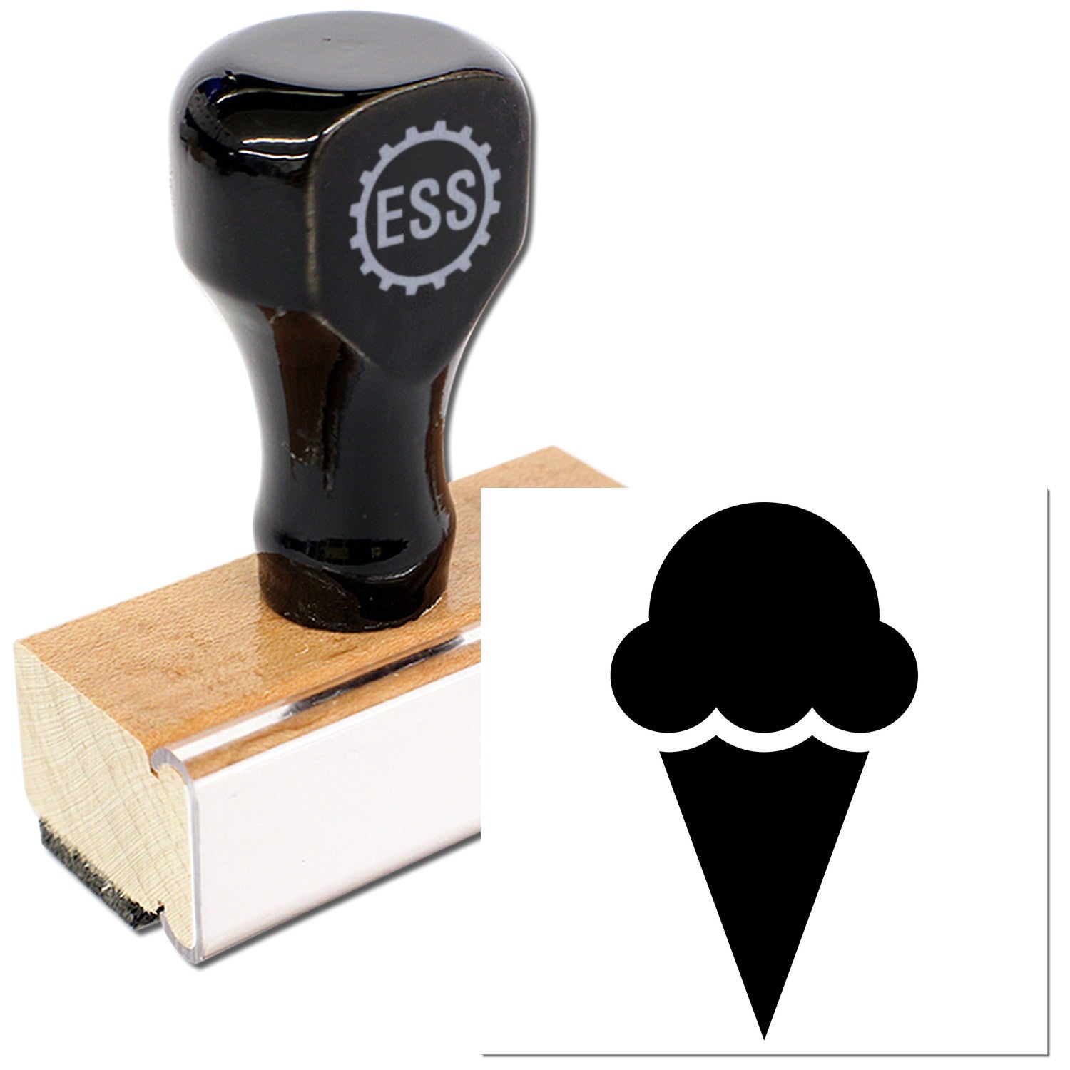 Wood Handle Ice Cream Delight Return Visit Rubber Stamp with a black handle and wooden base, featuring an ice cream cone design. Perfect for adding a fun touch to your projects.