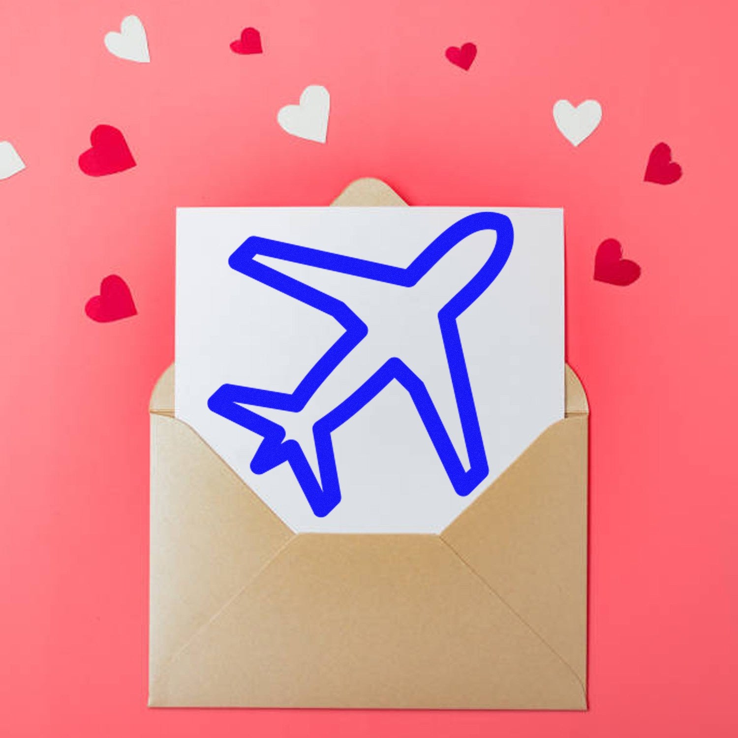 Self-Inking Jetsetter-Based Rewards Stamp with blue airplane design on a card, surrounded by red and white hearts on a pink background.