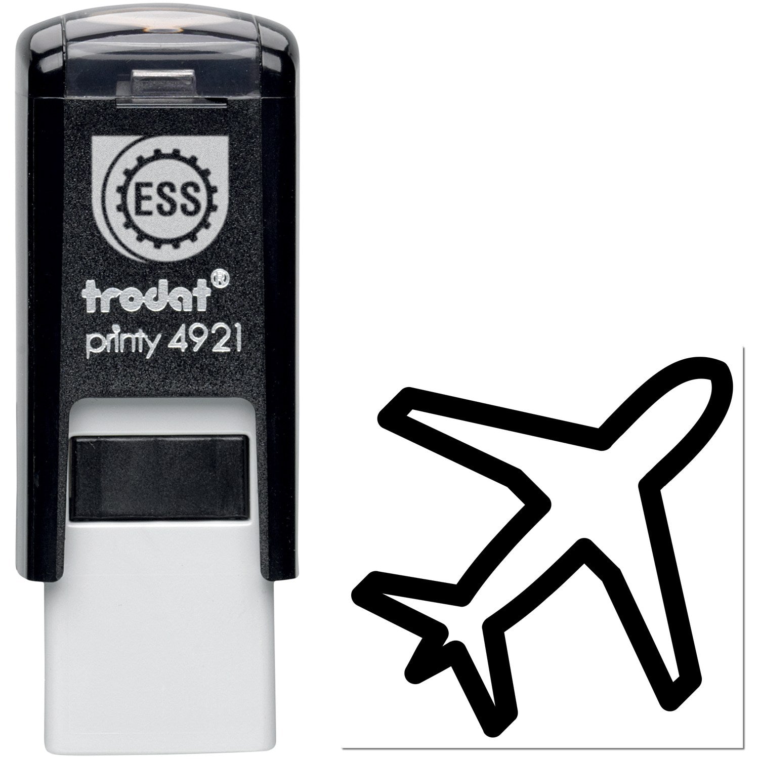 Self-Inking Jetsetter-Based Rewards Stamp featuring a sleek black design with an airplane icon, perfect for travel-themed stamping.