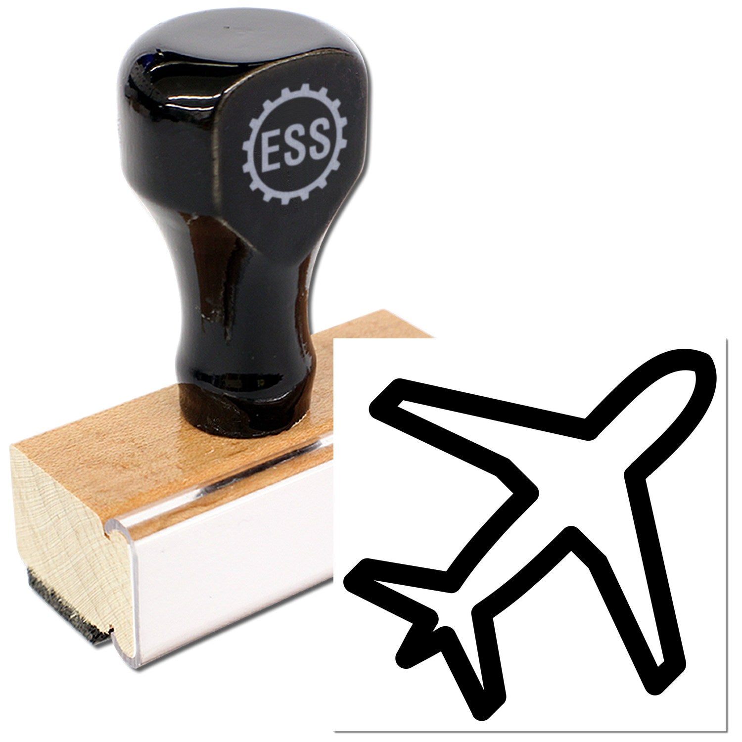 Wood Handle Jetsetter-Based Rewards Rubber Stamp with black top and wooden base, featuring an airplane design. Perfect for travel-themed stamping projects.