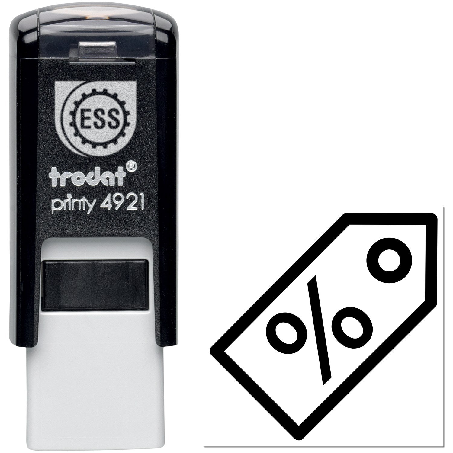 Self-Inking Tag Of Joy Loyalty Punch Card Stamp, black with a clear top, featuring a percentage symbol design. Ideal for loyalty programs and promotions.