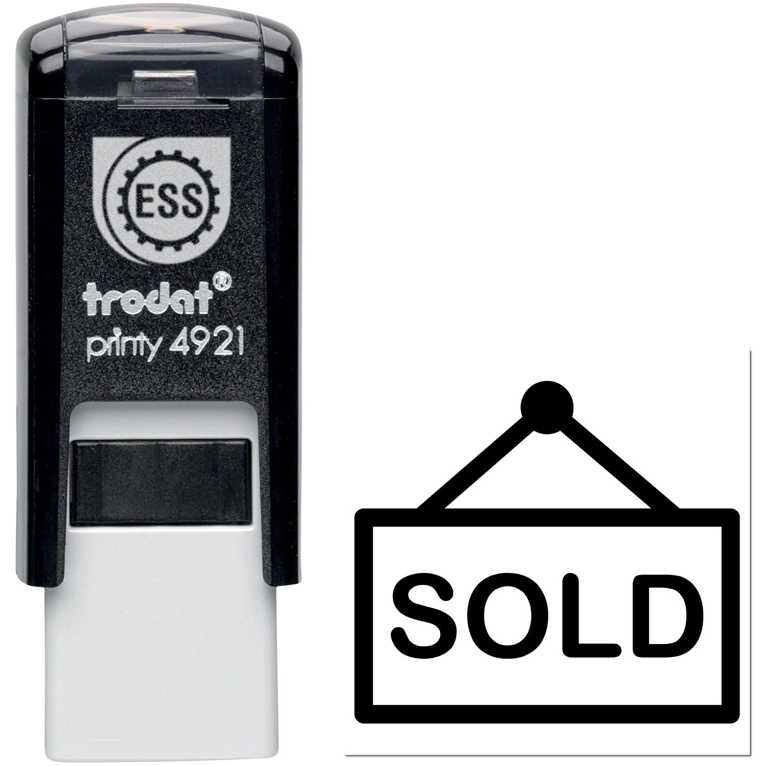 Self-Inking Sold on You for Free Item Stamp, black casing, with SOLD text and hanging sign icon, ideal for efficient marking.