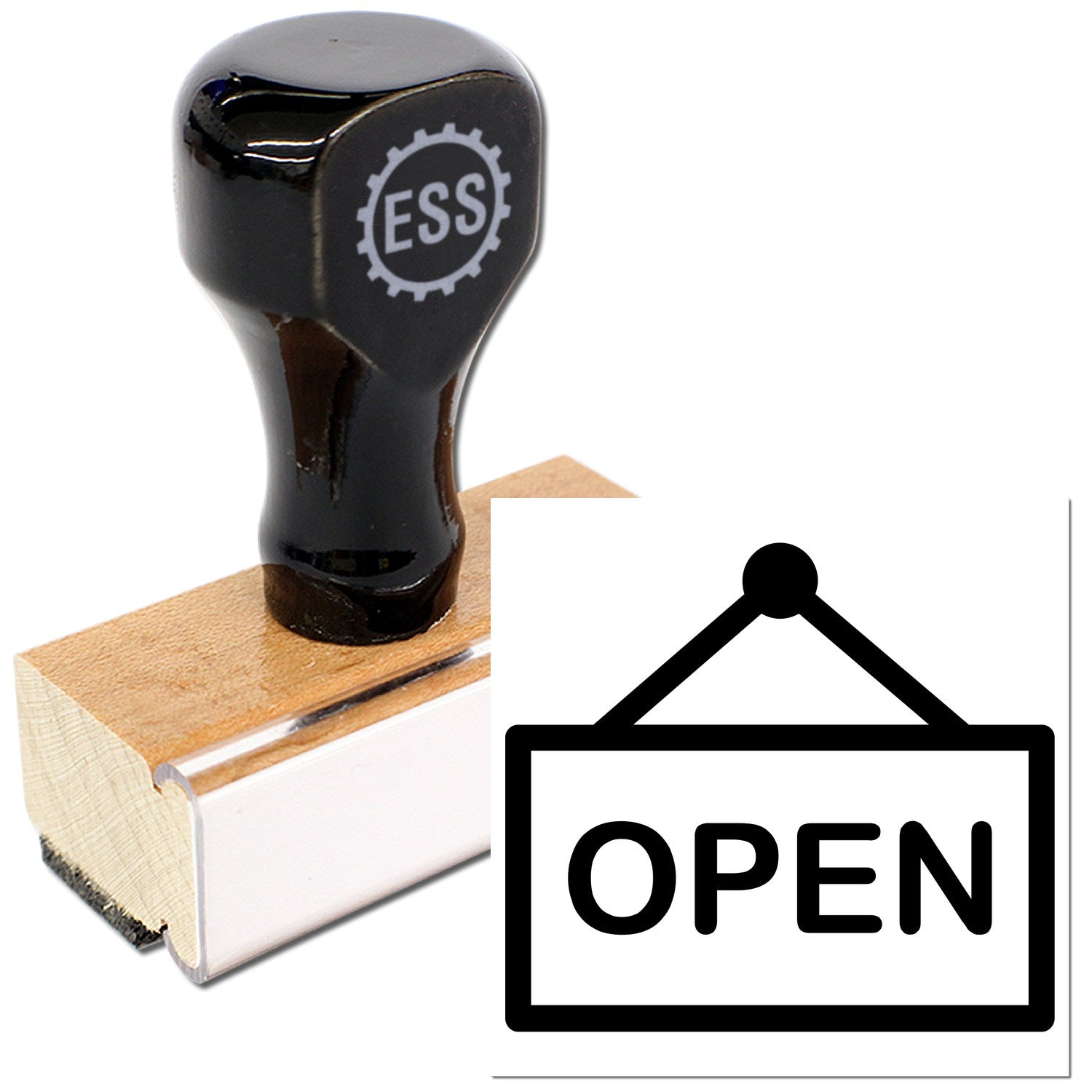 Wood Handle Open Sign Loyalty Rubber Stamp with black top and wooden base, featuring an ESS logo. Ideal for businesses to mark documents or packaging with an Open sign.