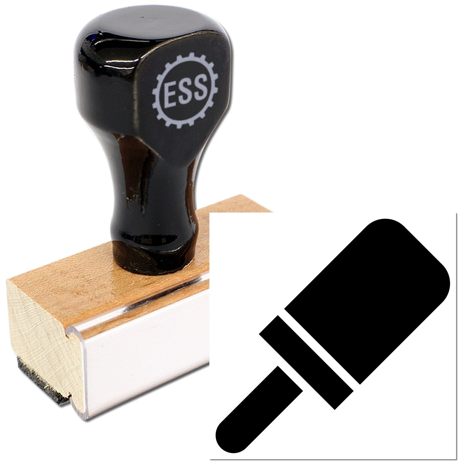 Wood Handle Pop Of Approval Visit Rubber Stamp with a sleek black top and engraved logo, mounted on a sturdy wooden base. Perfect for adding a professional touch to documents.