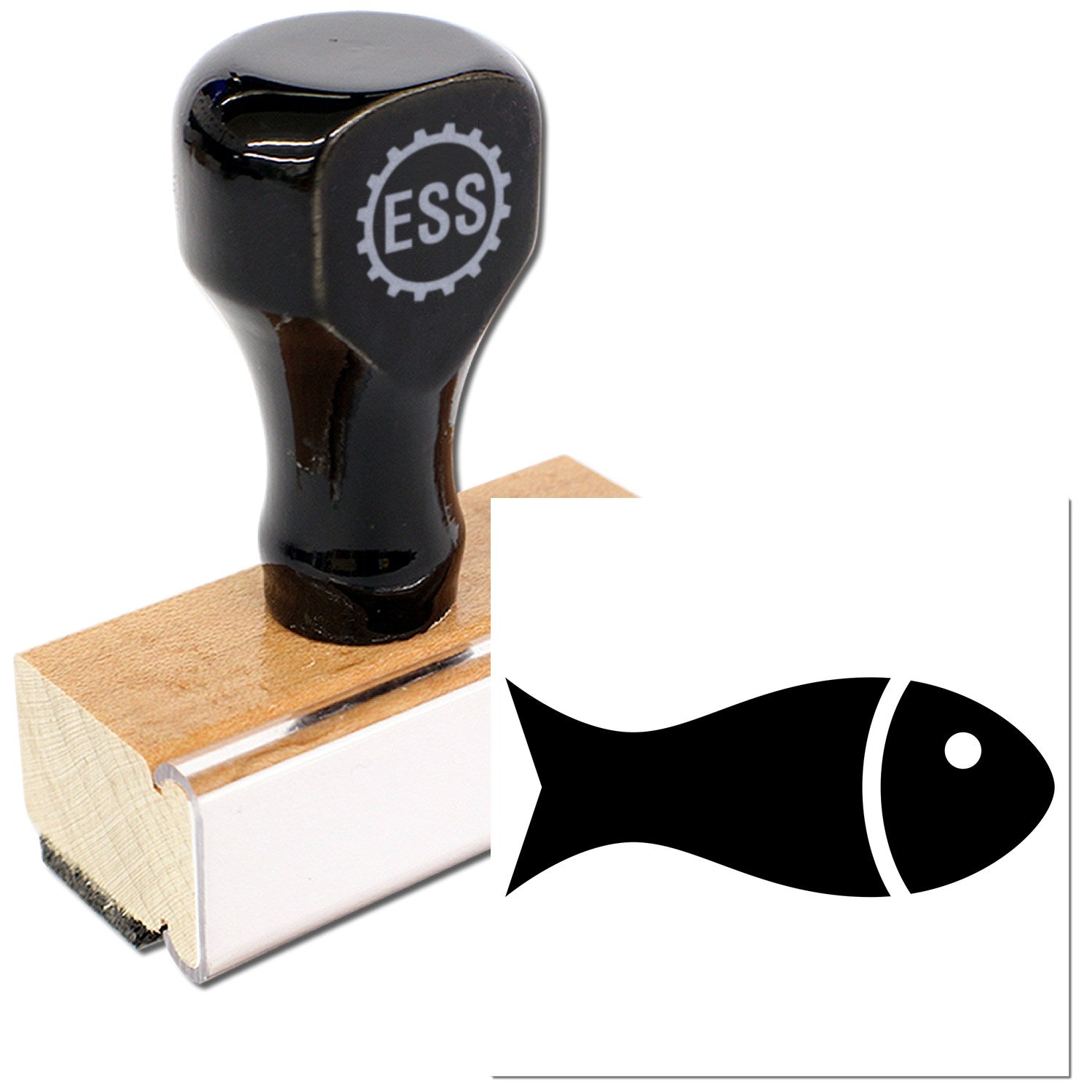 Wood Handle Fin-Tastic Loyalty Incentive Rubber Stamp with black handle and fish design imprint, perfect for rewarding customer loyalty.