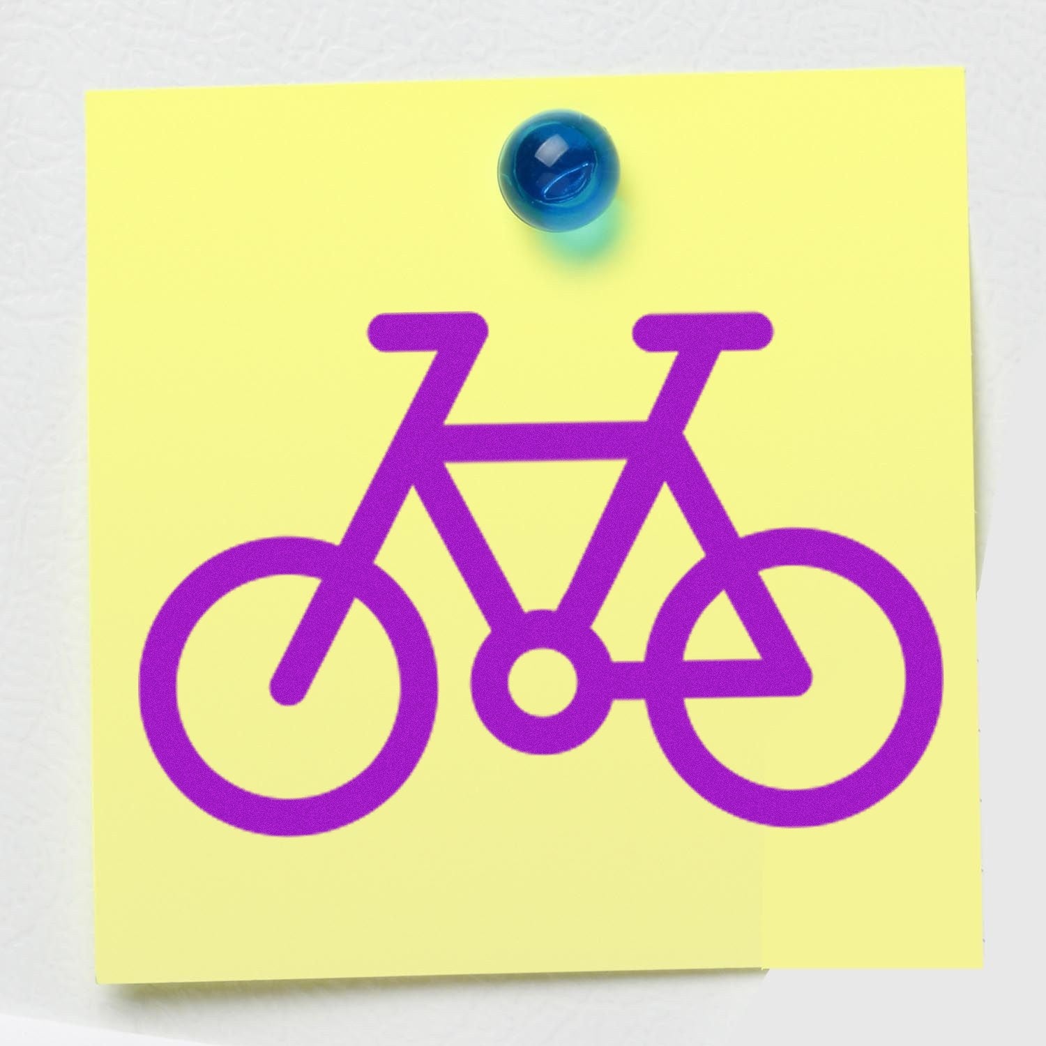 Self-Inking Cycle Of Loyalty Stamp with a purple bicycle design on a yellow sticky note, pinned with a blue pushpin.