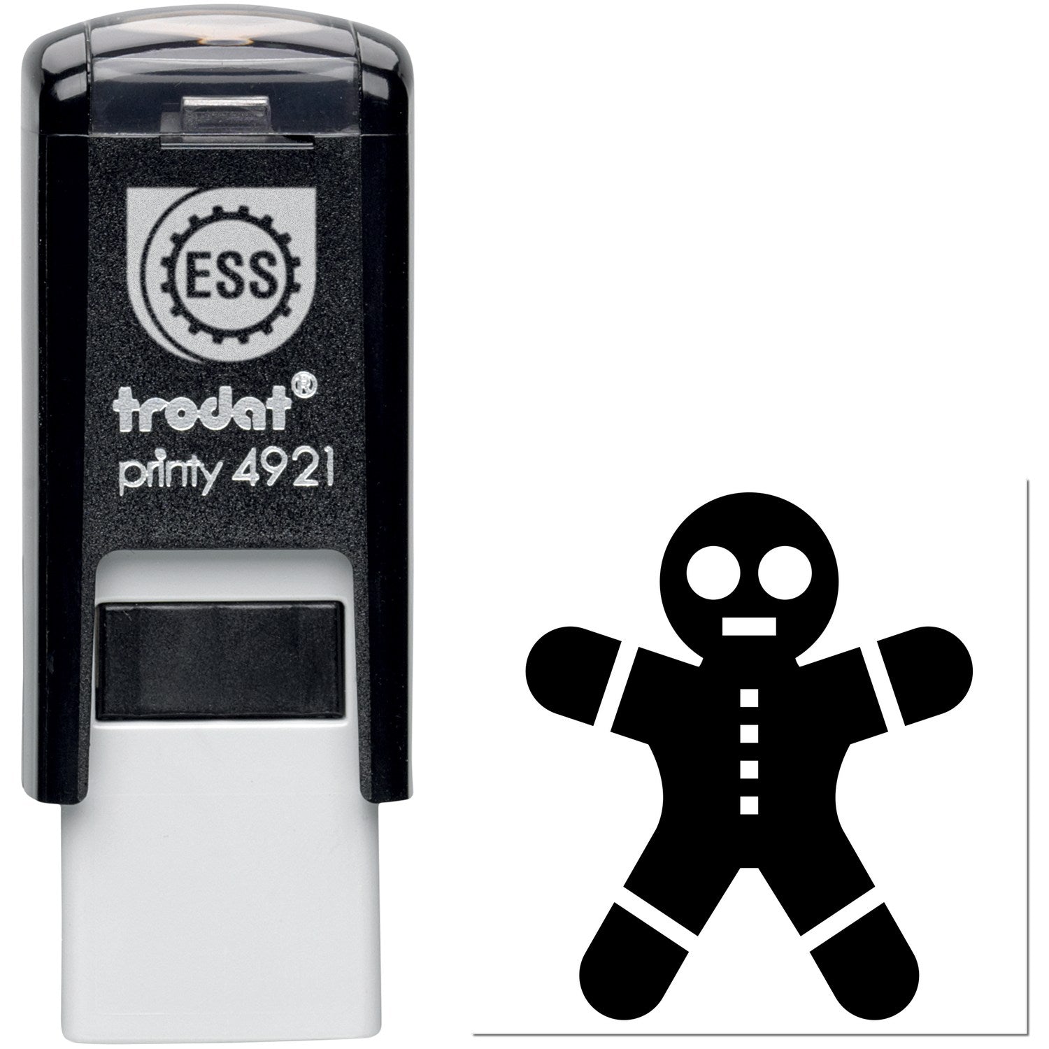 Self-Inking Gingerbread Customer Loyalty Stamp featuring a black casing with a gingerbread man design. Perfect for businesses to reward loyal customers.