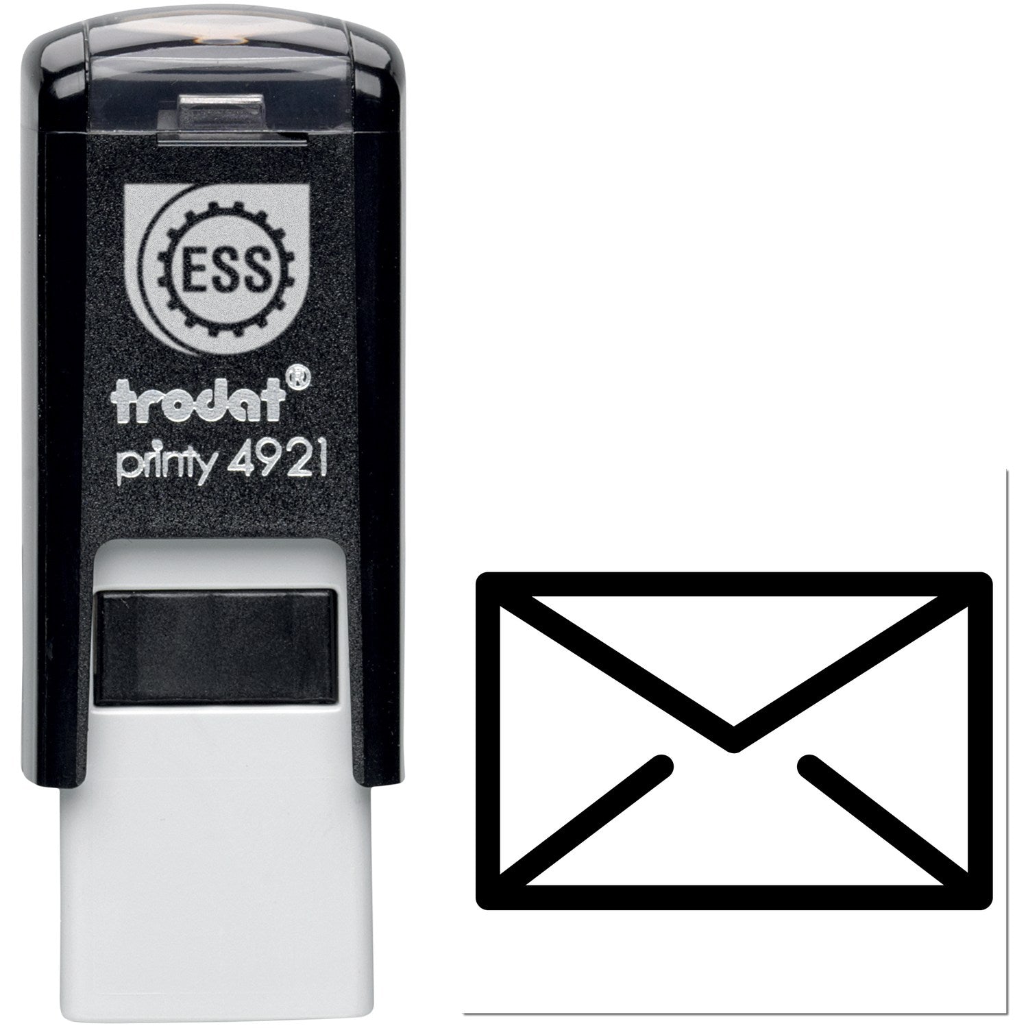 Self-Inking Mail Magic Reward Stamp with black casing and envelope icon, featuring easy-to-use design for efficient stamping. Perfect for quick, repetitive use in office or home settings.