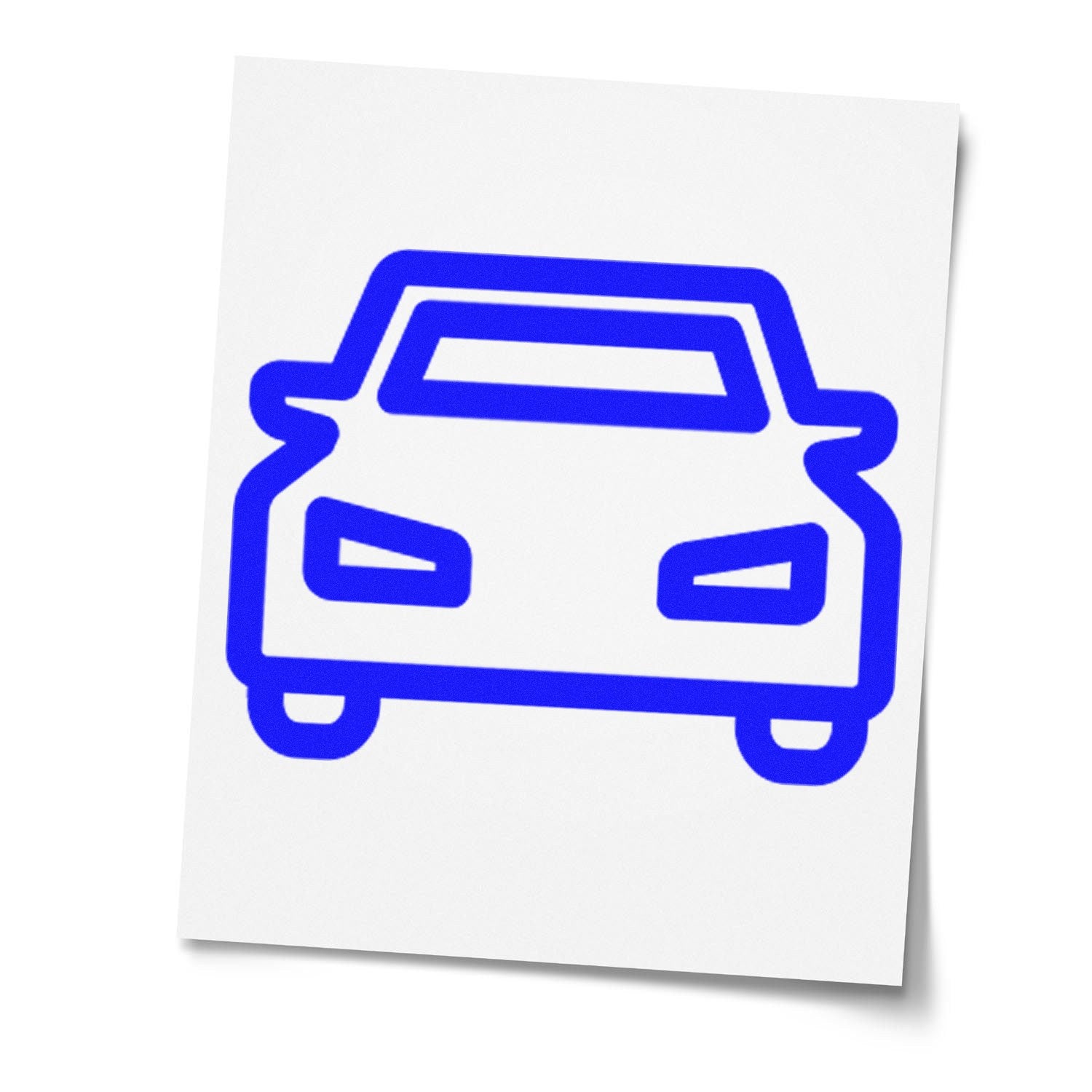 Wood Handle Driving Loyalty Card Rubber Stamp with a blue car icon imprint on white paper, showcasing its design and functionality.