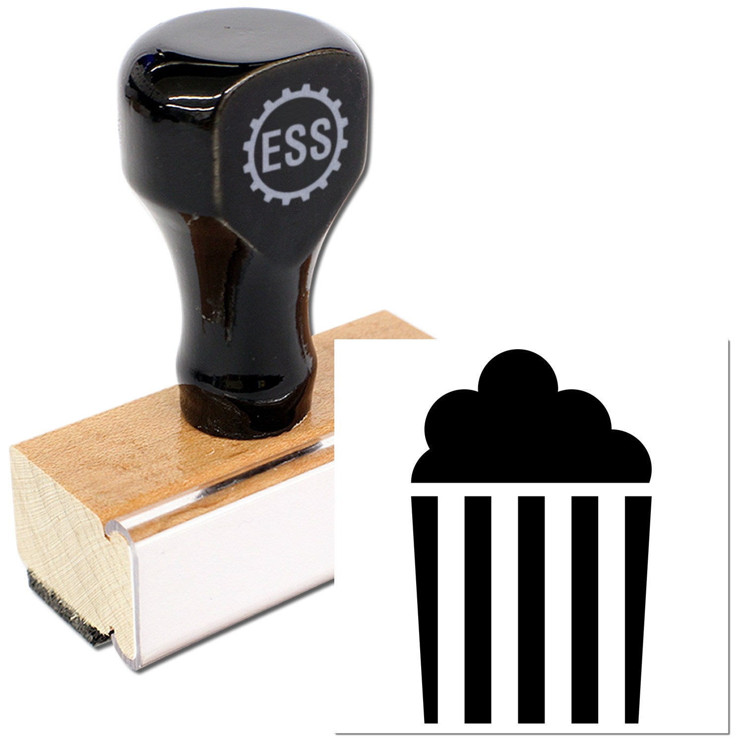 Wood Handle Popped Punch Card Rubber Stamp with black top and wooden base, featuring a popcorn design imprint. Ideal for crafting and office use.